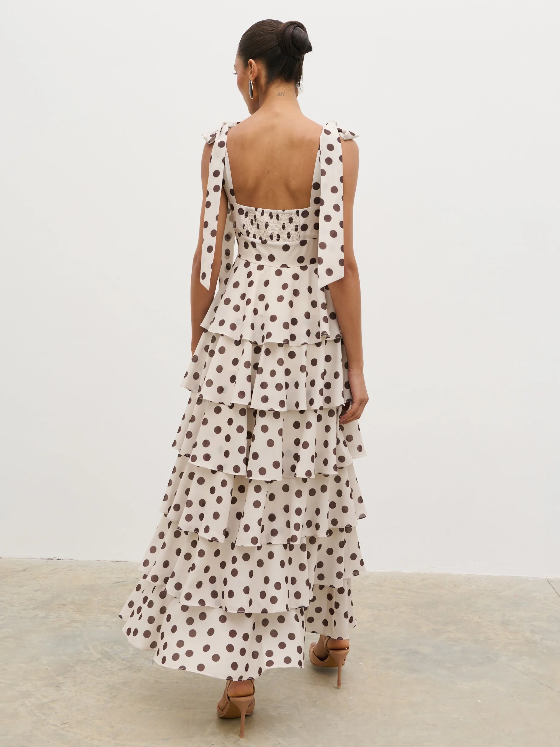 Fiore Tie Ruffle Maxi Dress - Large Brown and Cream Polkadot - Image 4