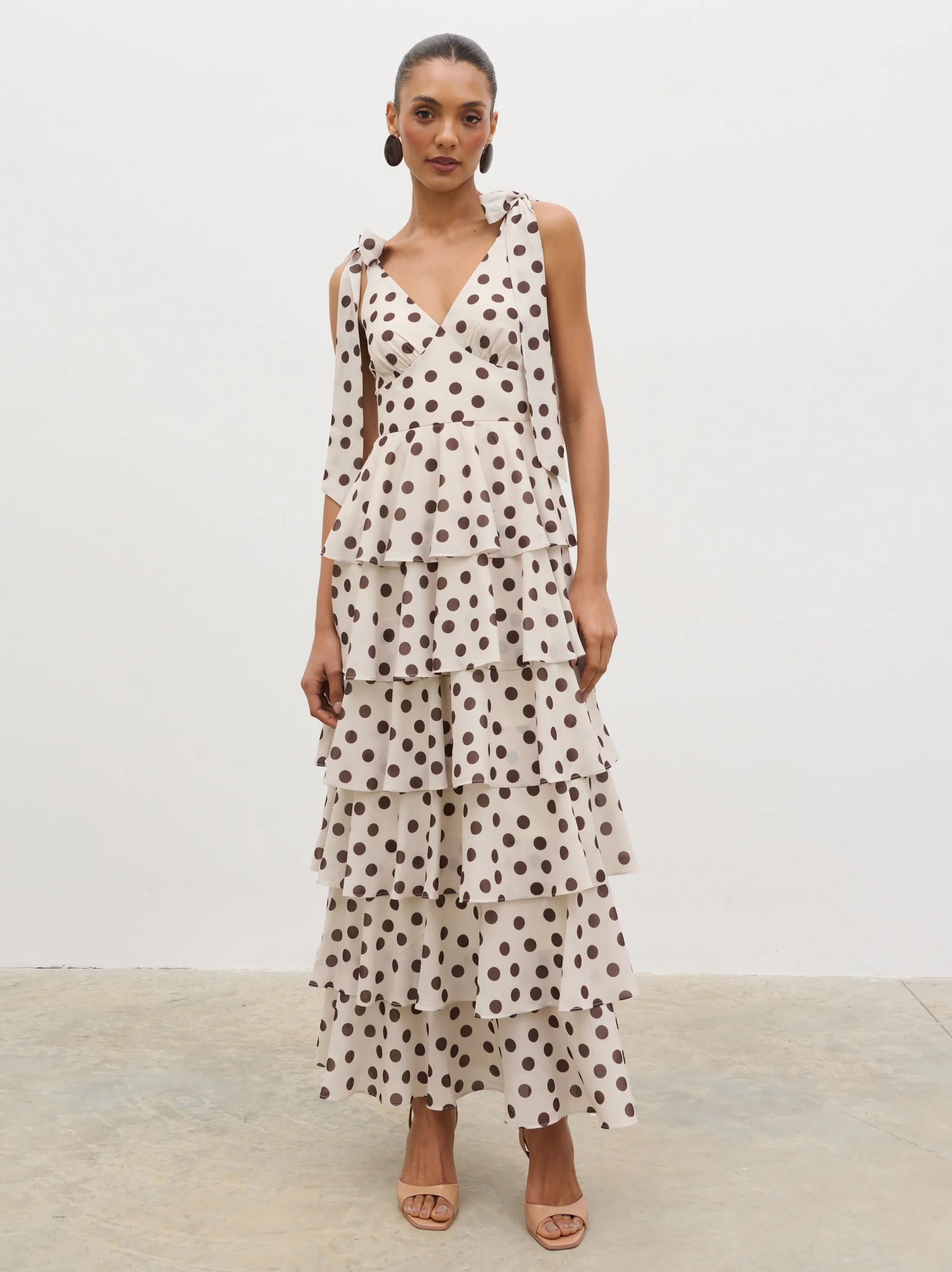 Fiore Tie Ruffle Maxi Dress - Large Brown and Cream Polkadot - Image 5