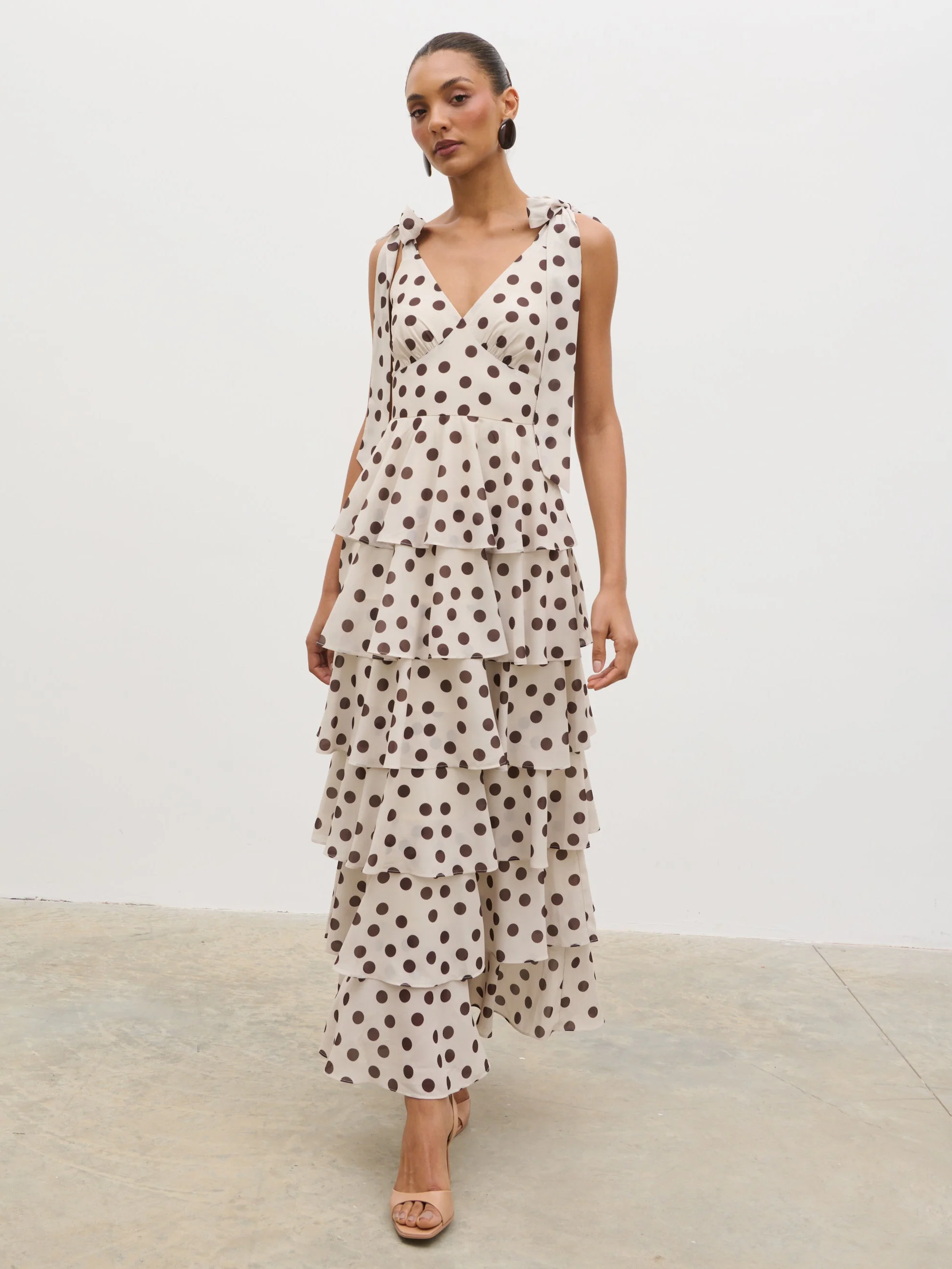 Fiore Tie Ruffle Maxi Dress - Large Brown and Cream Polkadot - Image 6