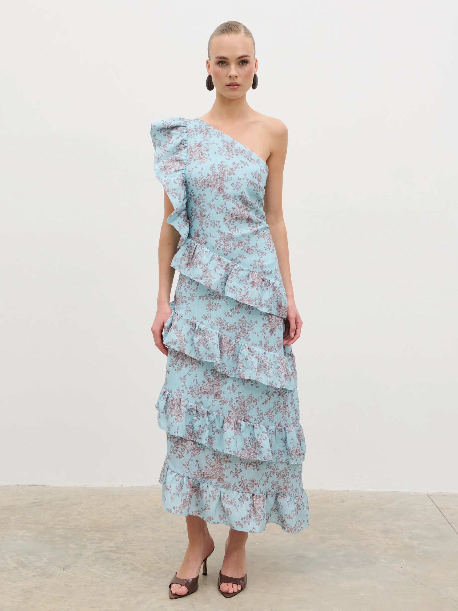 Fleur Tiered Frill One Shoulder Midaxi Dress -  Seaspray and Brown Floral - Image 10