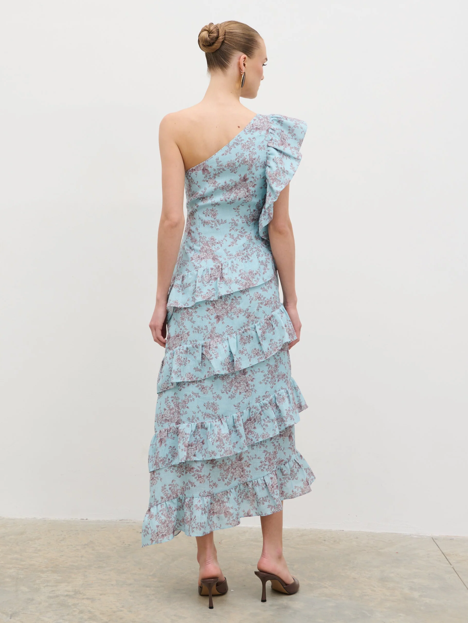 Fleur Tiered Frill One Shoulder Midaxi Dress -  Seaspray and Brown Floral - Image 11