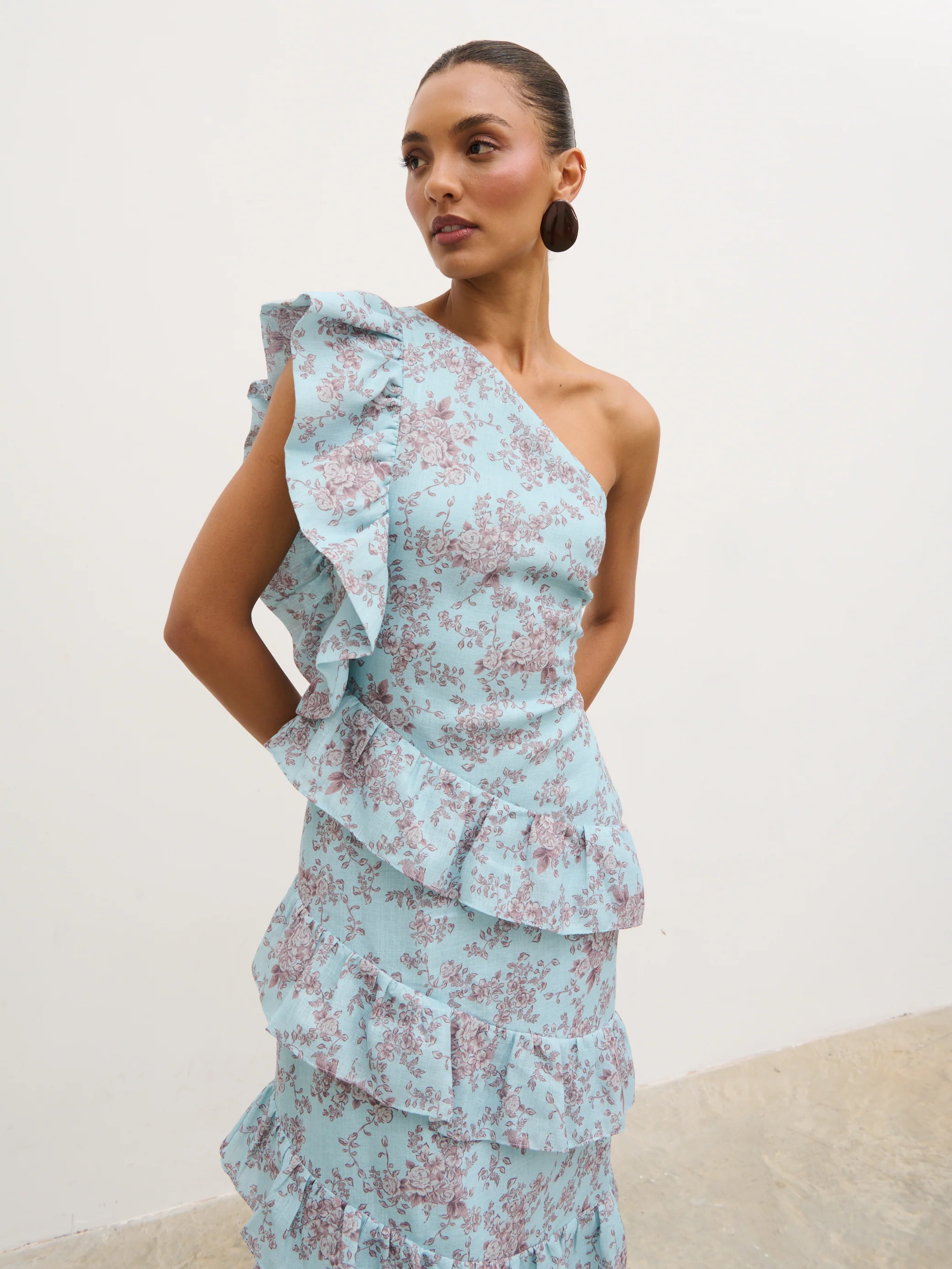 Fleur Tiered Frill One Shoulder Midaxi Dress -  Seaspray and Brown Floral - Image 2
