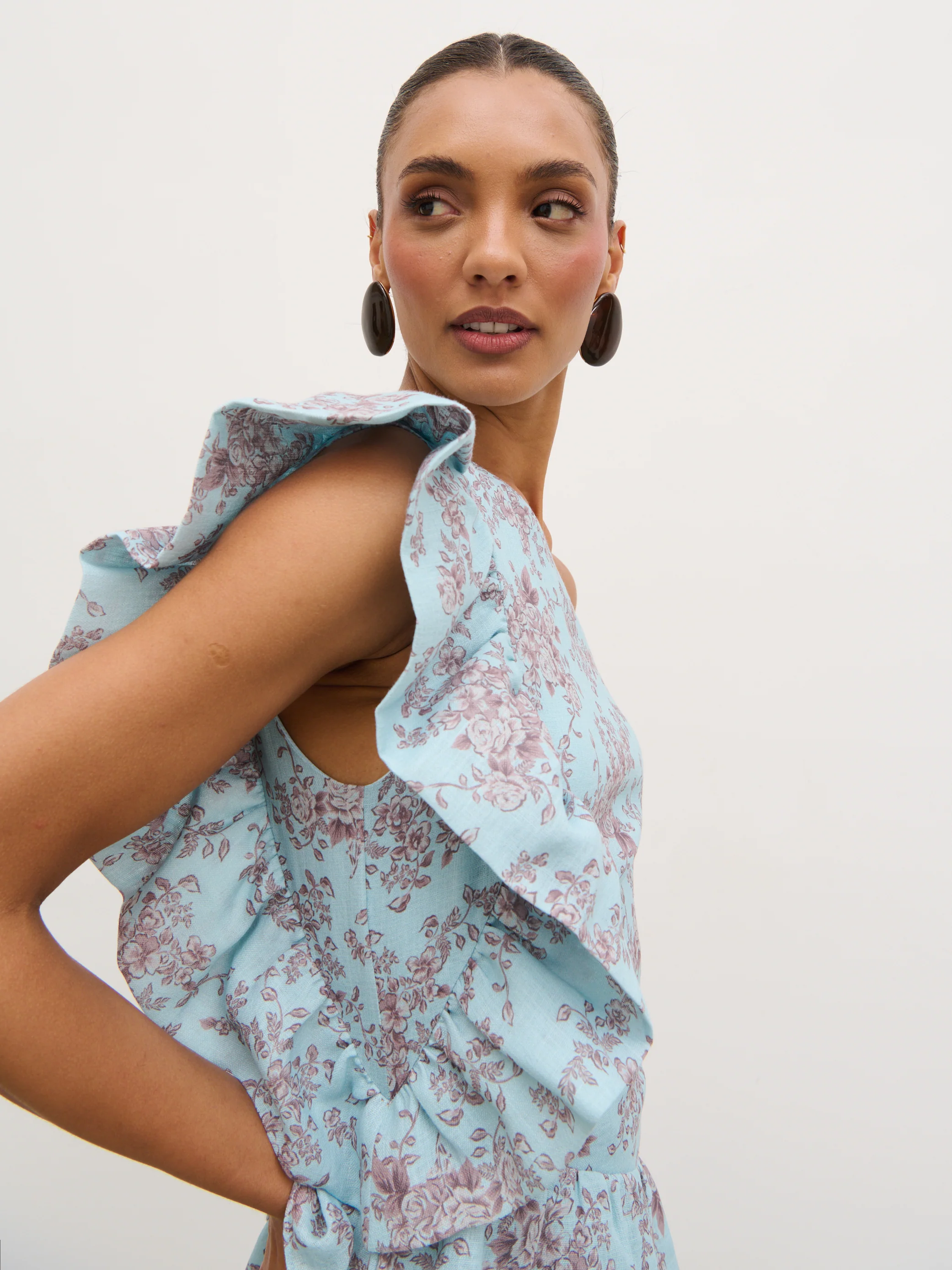 Fleur Tiered Frill One Shoulder Midaxi Dress -  Seaspray and Brown Floral - Image 4