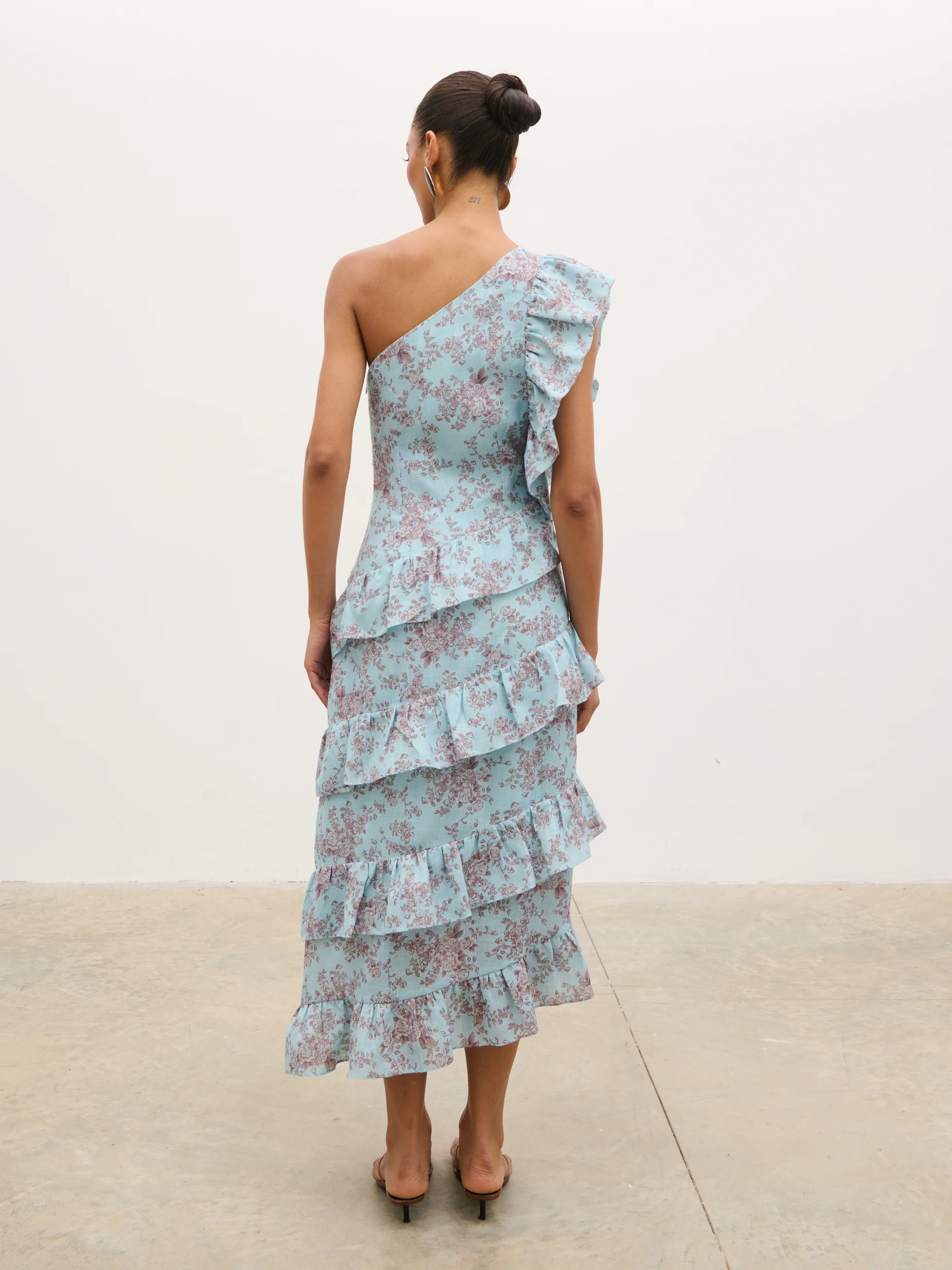 Fleur Tiered Frill One Shoulder Midaxi Dress -  Seaspray and Brown Floral - Image 5