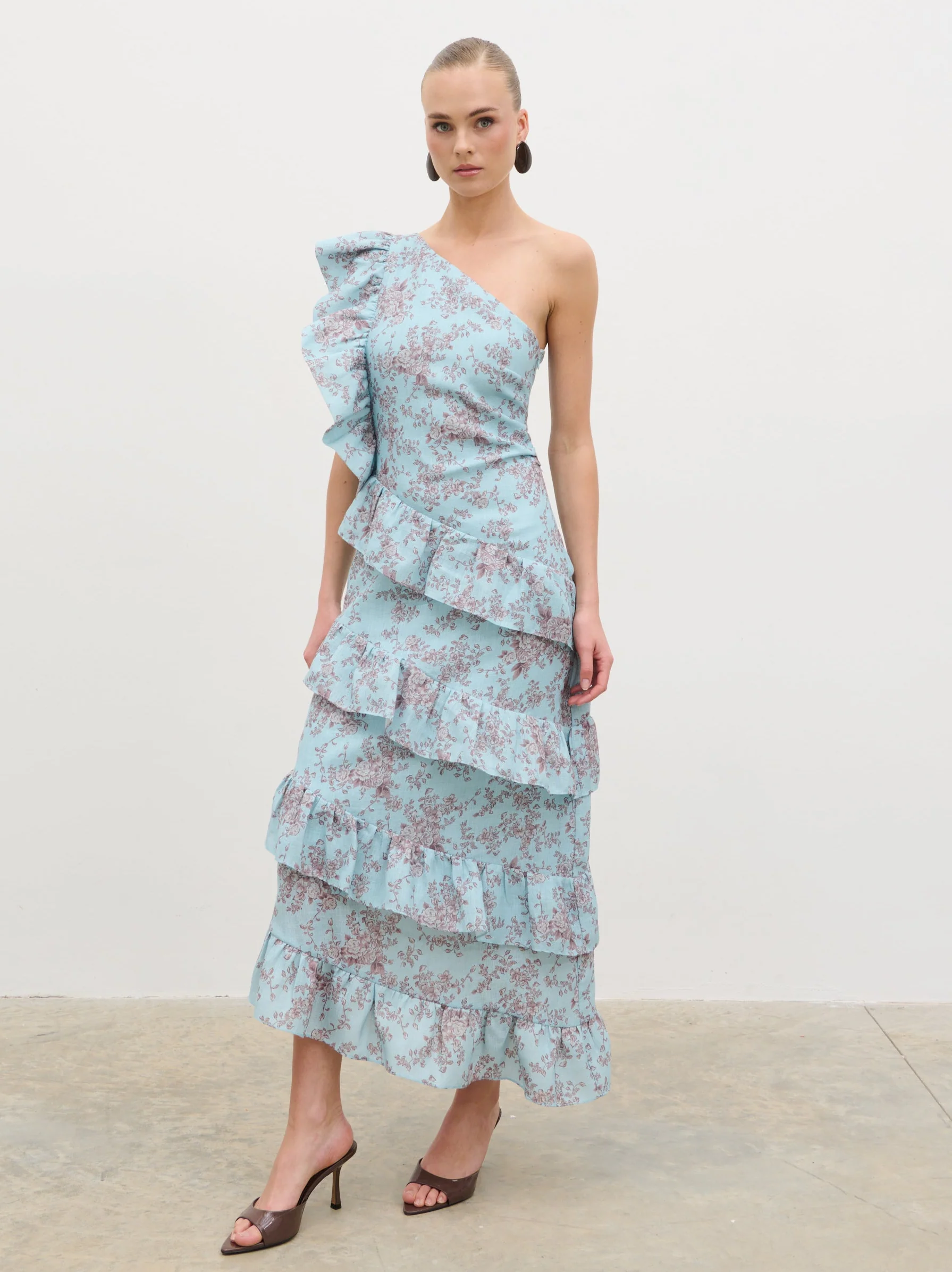 Fleur Tiered Frill One Shoulder Midaxi Dress -  Seaspray and Brown Floral - Image 6