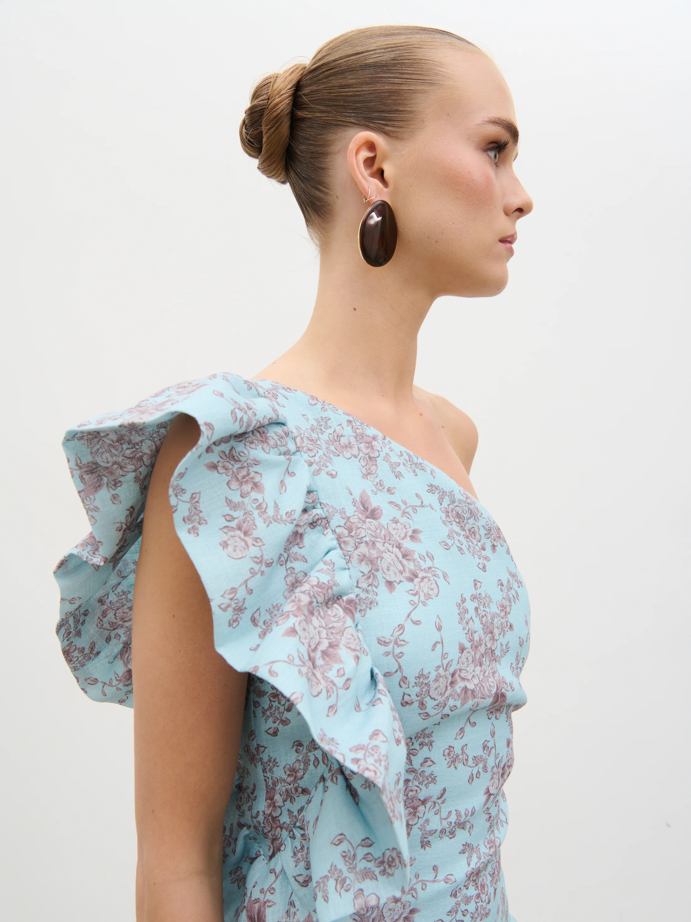 Fleur Tiered Frill One Shoulder Midaxi Dress -  Seaspray and Brown Floral - Image 7