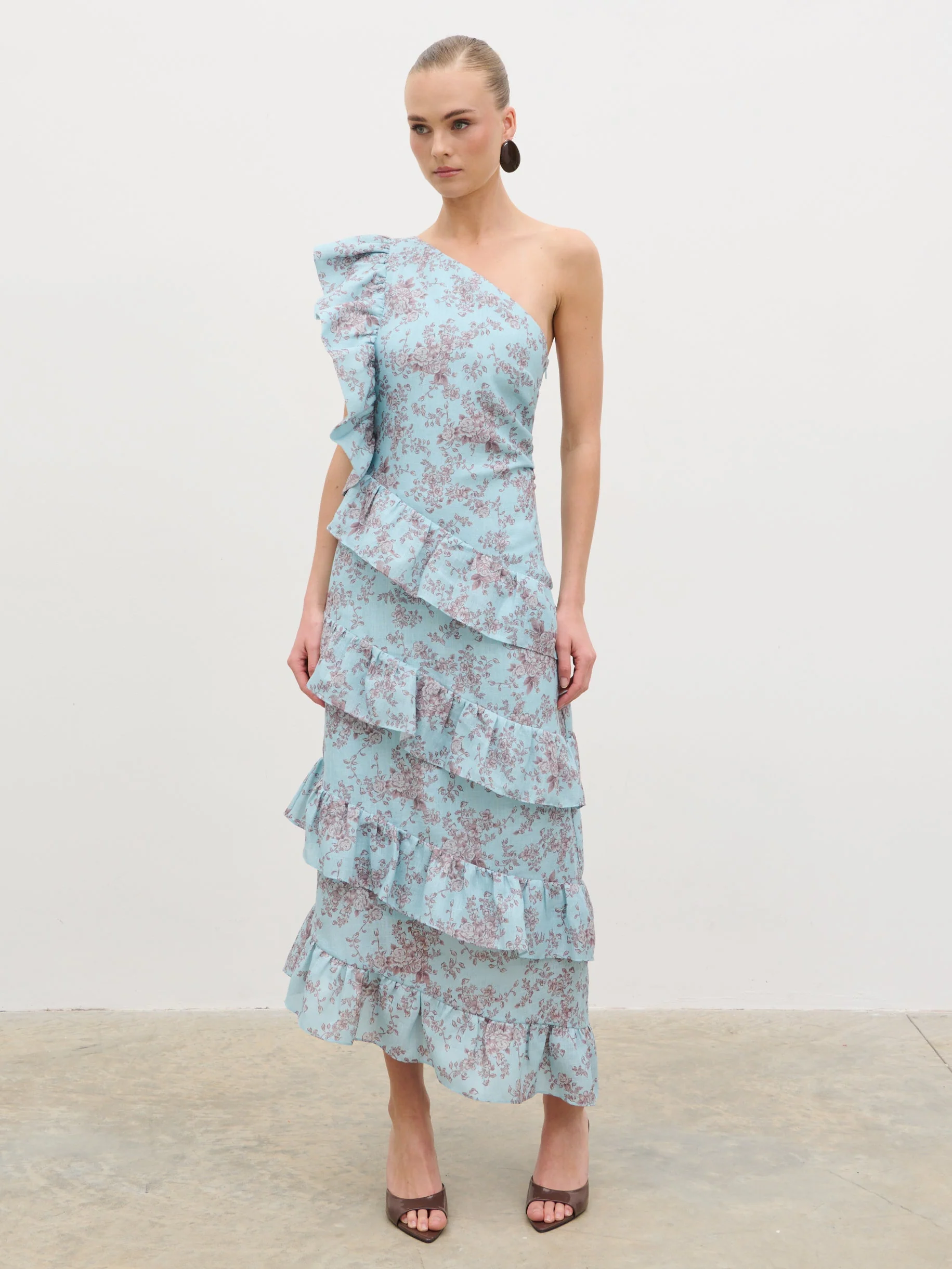 Fleur Tiered Frill One Shoulder Midaxi Dress -  Seaspray and Brown Floral - Image 8