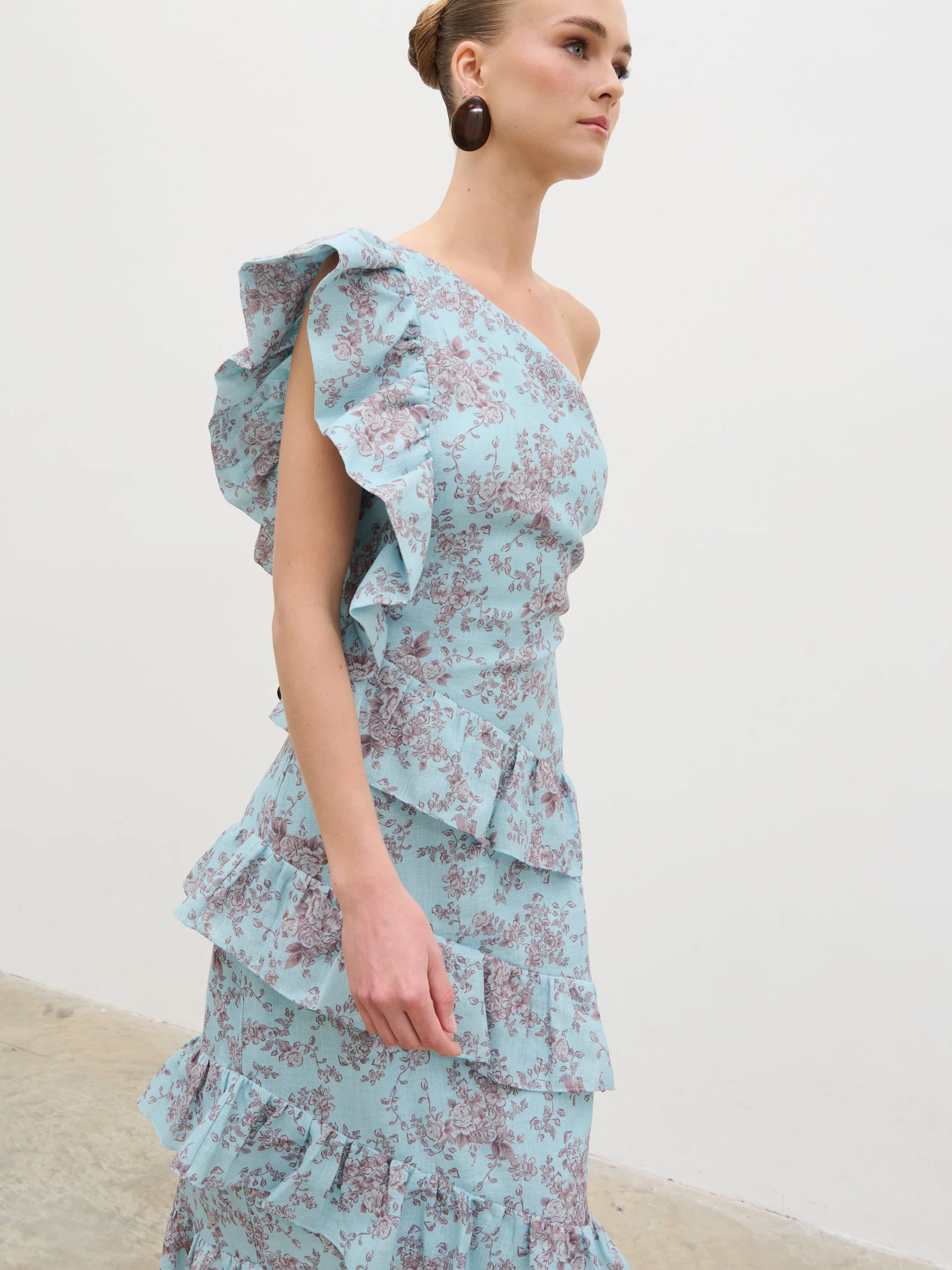 Fleur Tiered Frill One Shoulder Midaxi Dress -  Seaspray and Brown Floral - Image 9