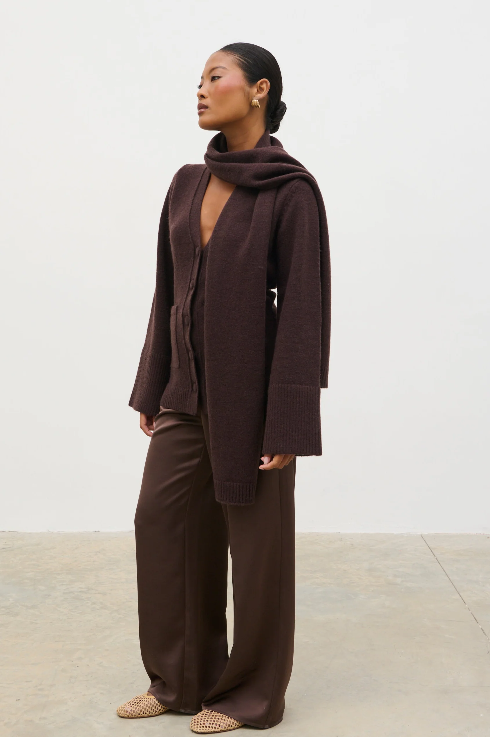 Florie Knit Cardigan with Scarf - Chocolate Brown - Image 3