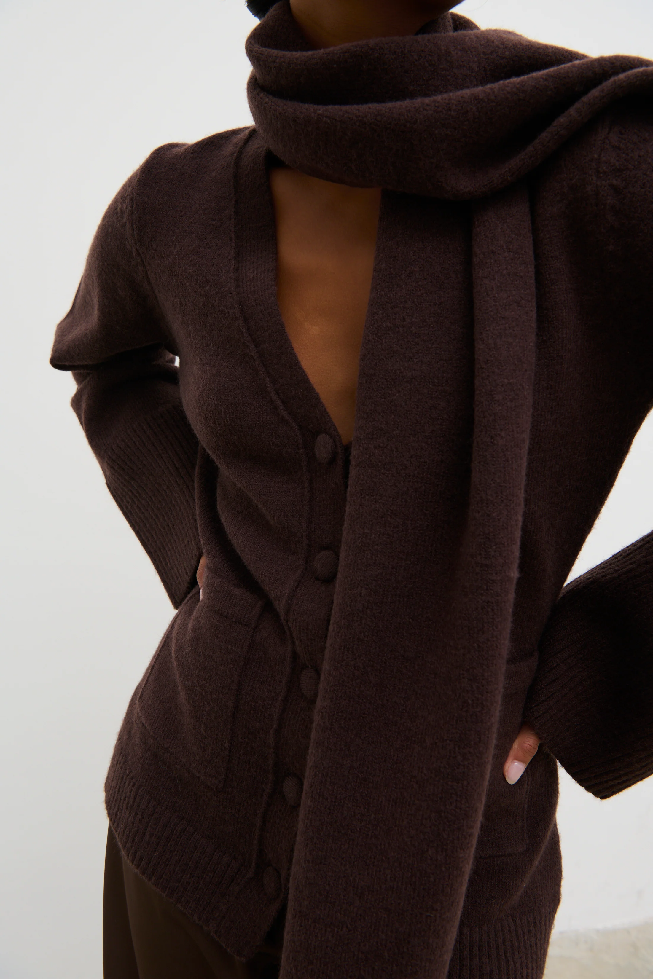 Florie Knit Cardigan with Scarf - Chocolate Brown - Image 4