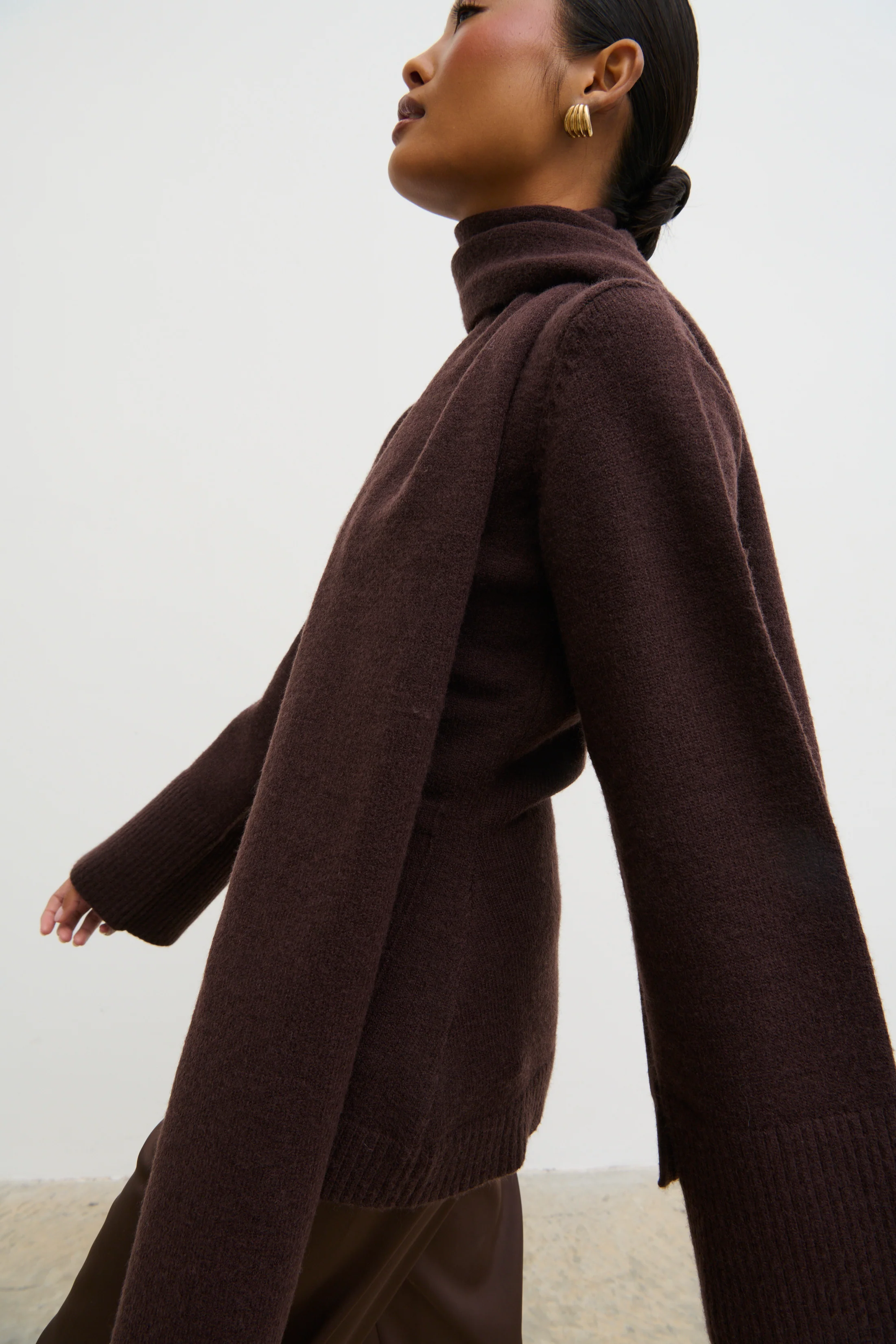 Florie Knit Cardigan with Scarf - Chocolate Brown - Image 6