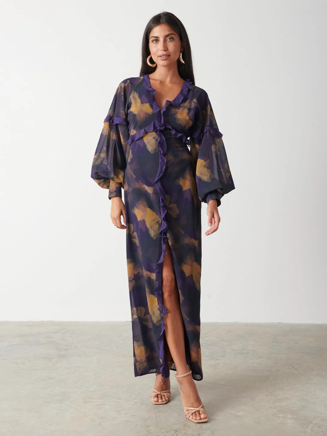 Francesca Frill Maxi Dress - Dark Amethyst & Saffron Floral - Image 4