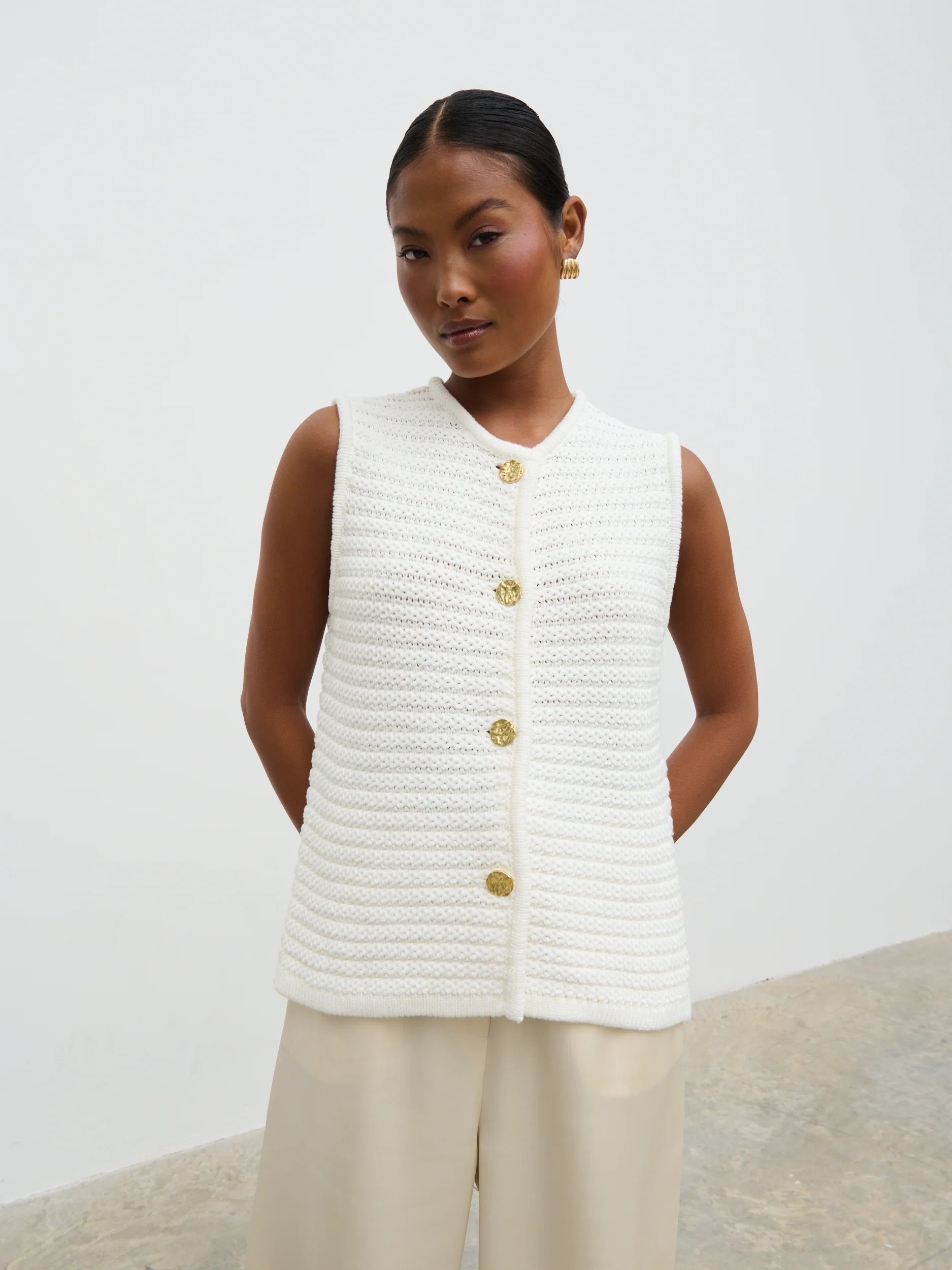 Frankie Crochet Knit Waistcoat - Cream - Image 3