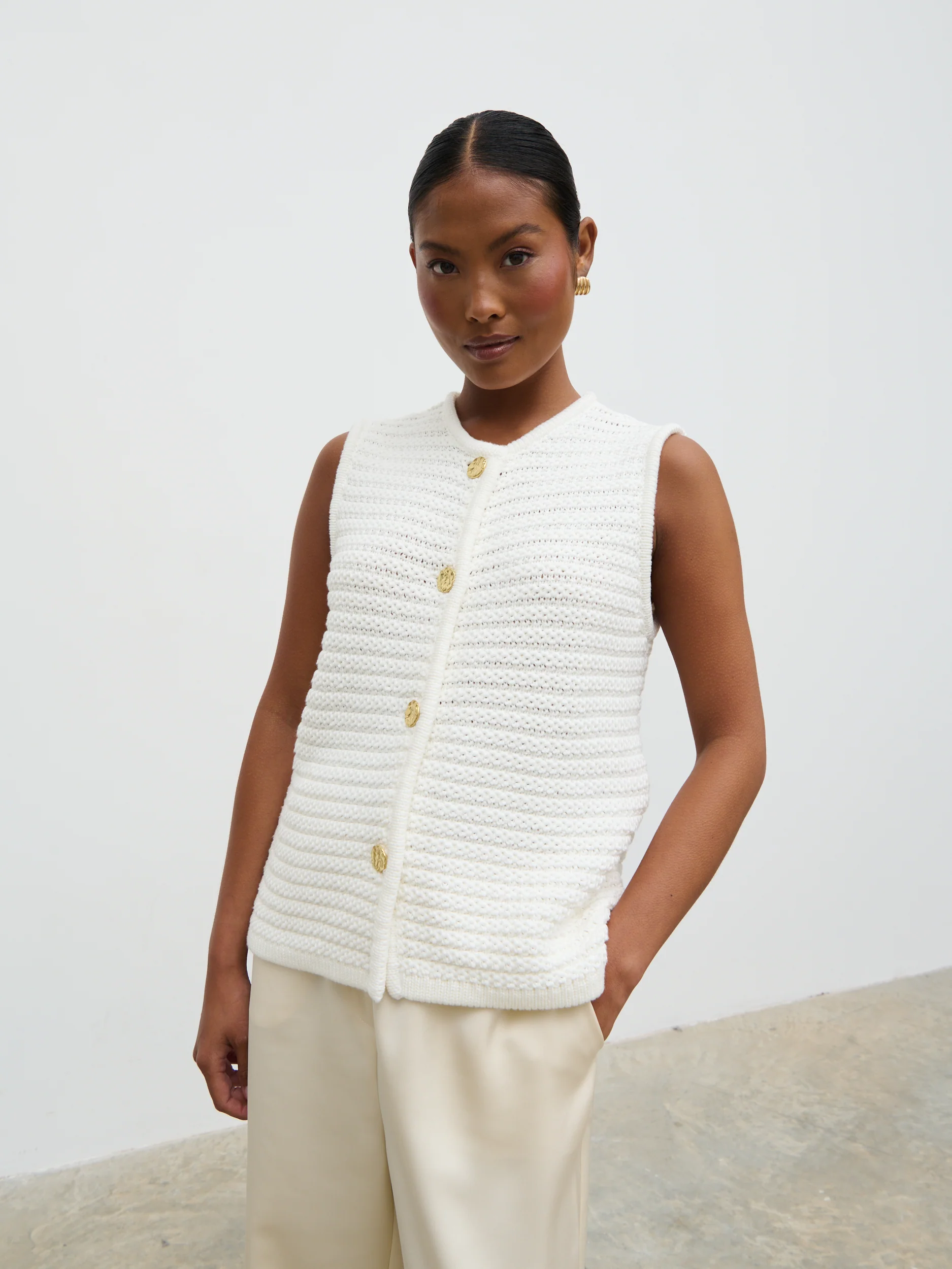 Frankie Crochet Knit Waistcoat - Cream - Image 5