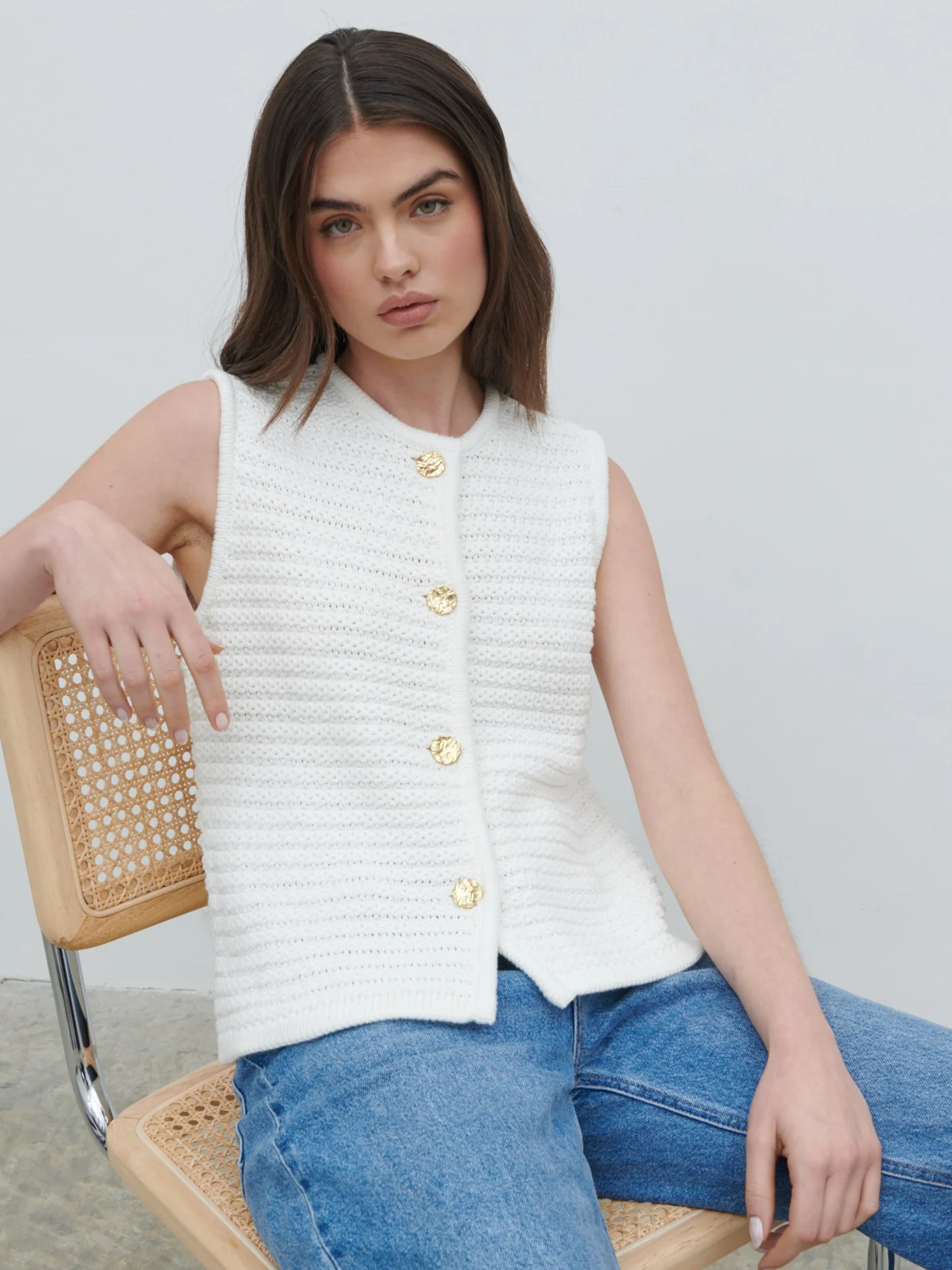 Frankie Crochet Knit Waistcoat - Cream - Image 7