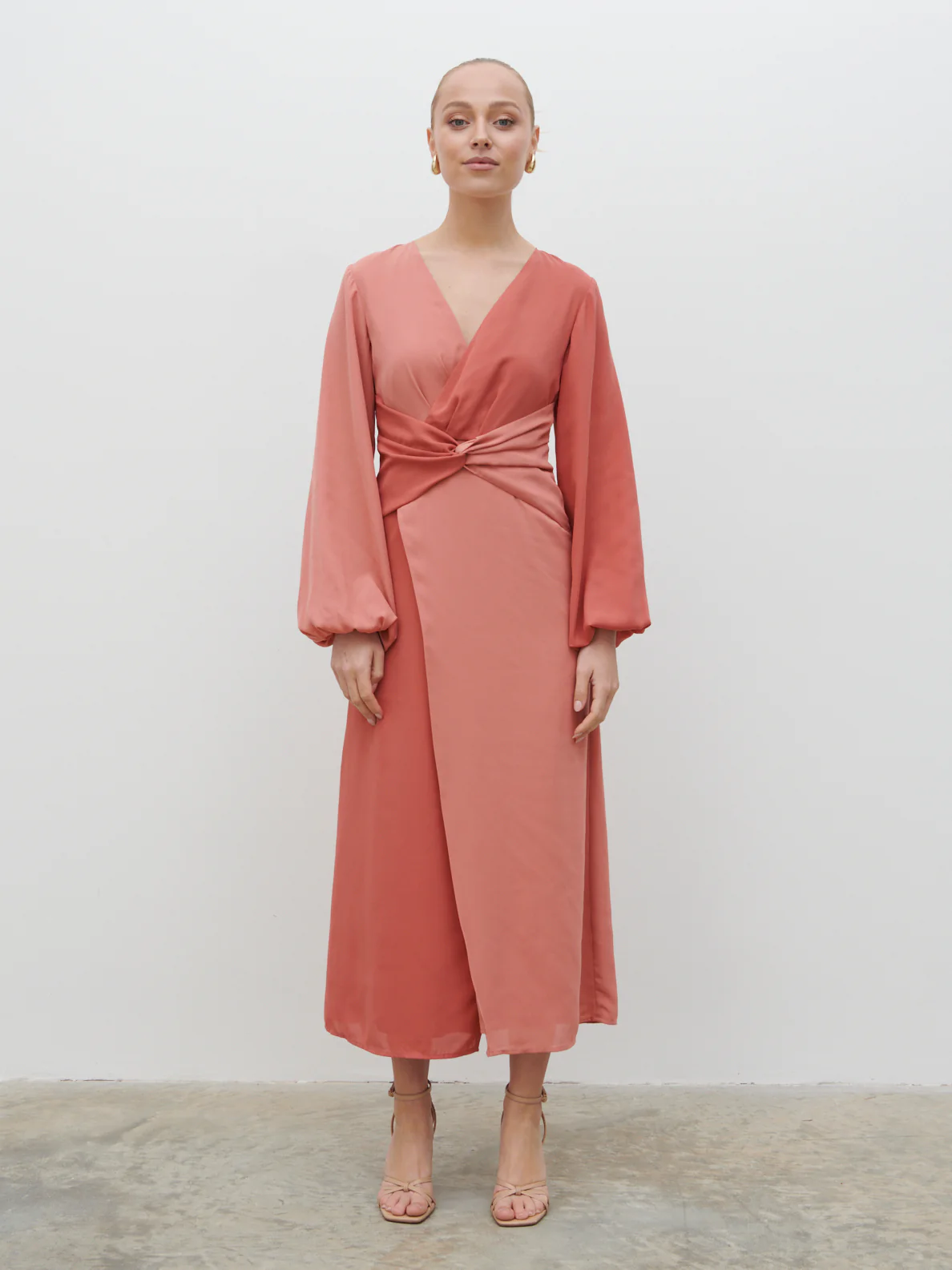 Friena Knot Contrast Midaxi Dress - Terracotta and Dusky Rose - Image 5
