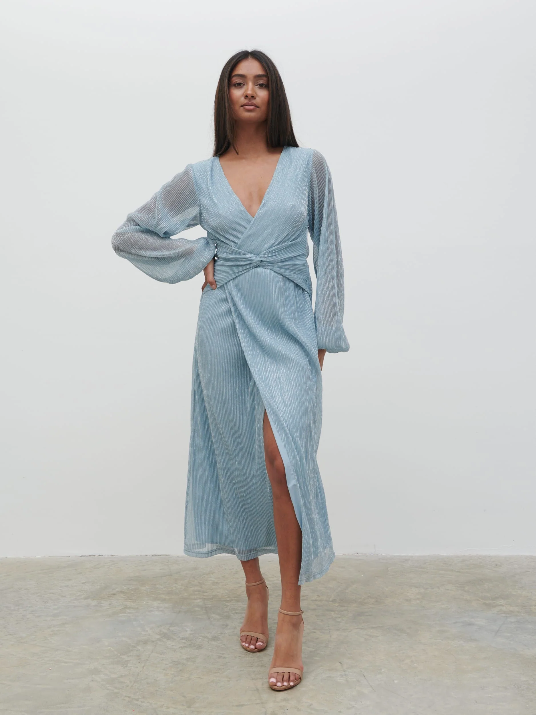 Friena Plisse Knot Contrast Dress - Blue Metallic - Image 3