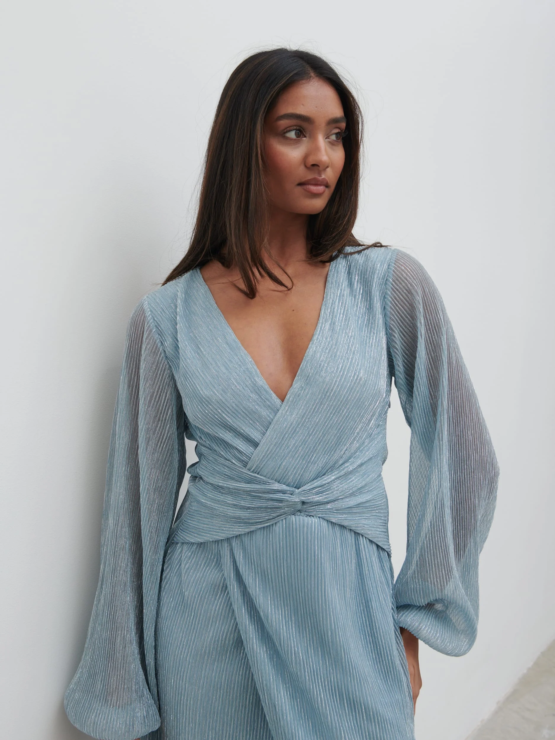 Friena Plisse Knot Contrast Dress - Blue Metallic - Image 4