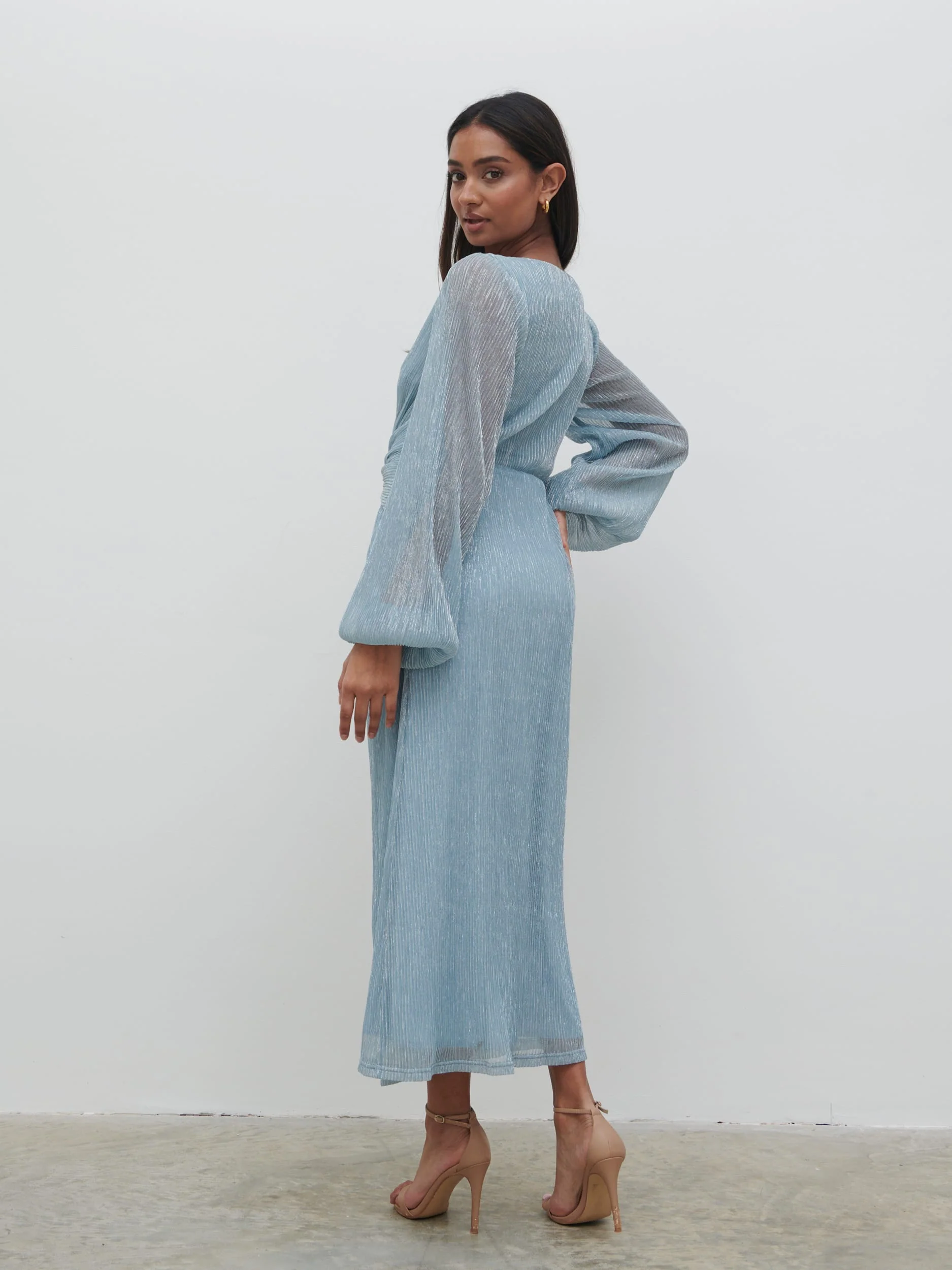 Friena Plisse Knot Contrast Dress - Blue Metallic - Image 5
