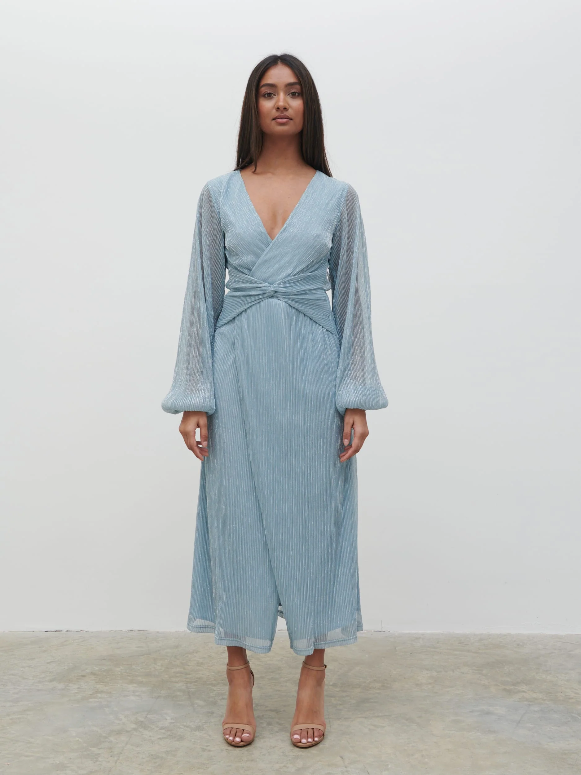 Friena Plisse Knot Contrast Dress - Blue Metallic - Image 6