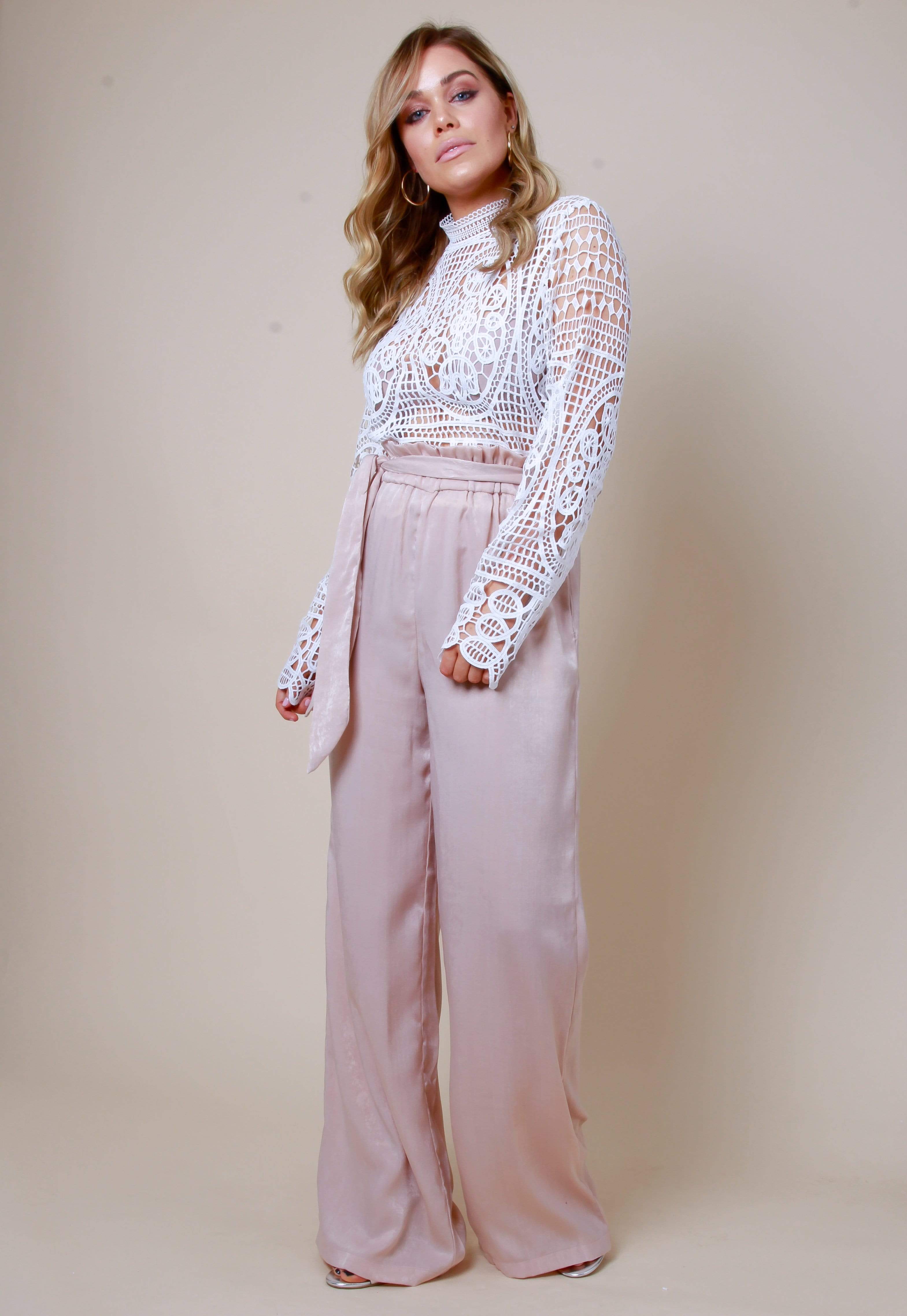 Frill Tie Waist Wide Leg Trousers - Blush - Image 2