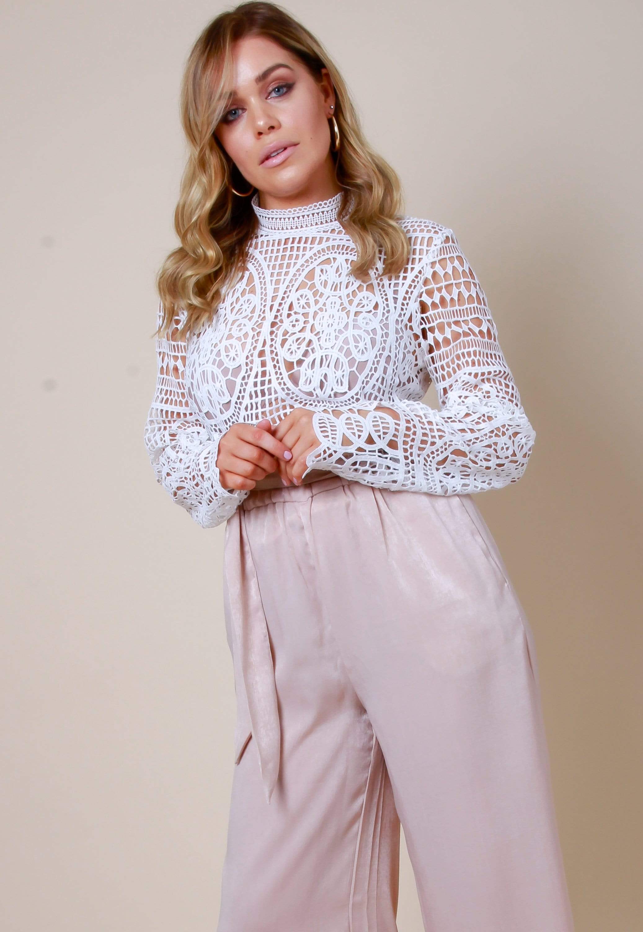 Frill Tie Waist Wide Leg Trousers - Blush - Image 3
