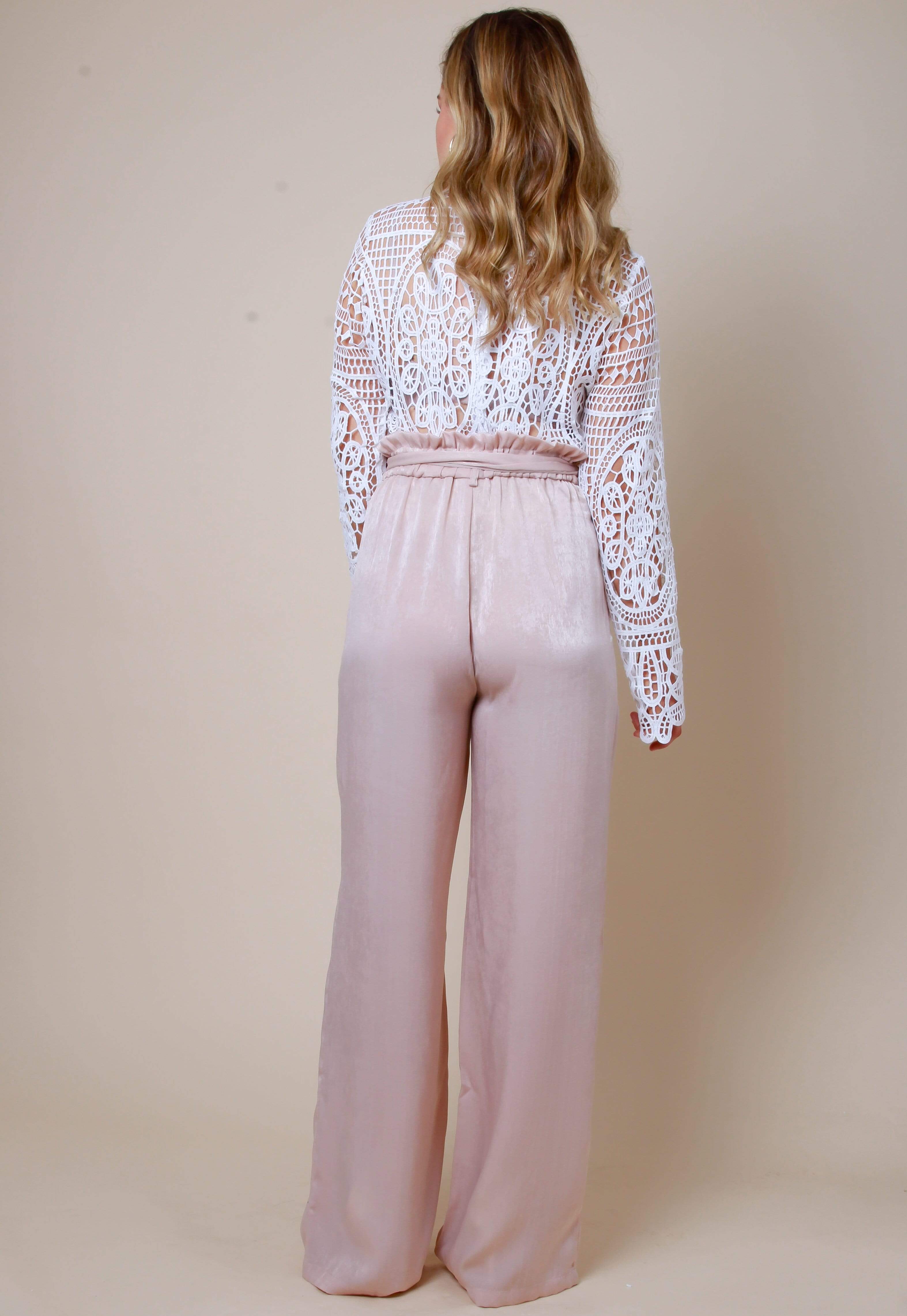 Frill Tie Waist Wide Leg Trousers - Blush - Image 4