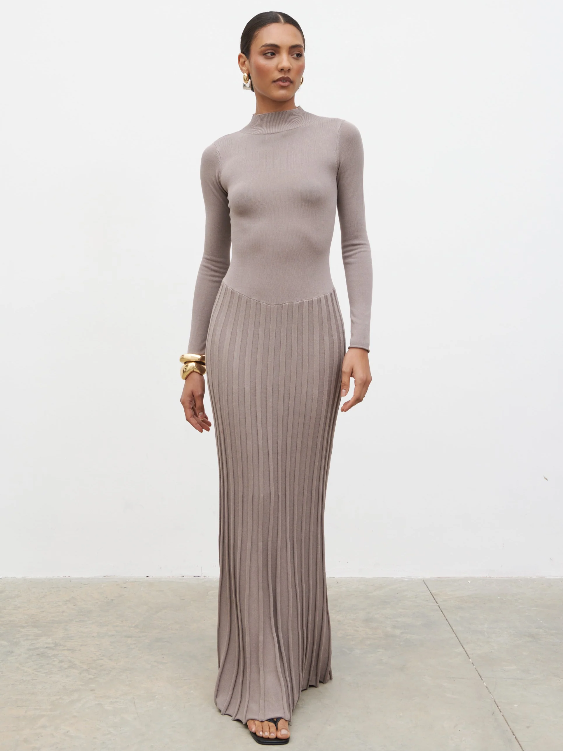 Gloria Fine Knit Pleated Maxi Dress - Dark Taupe - Image 3
