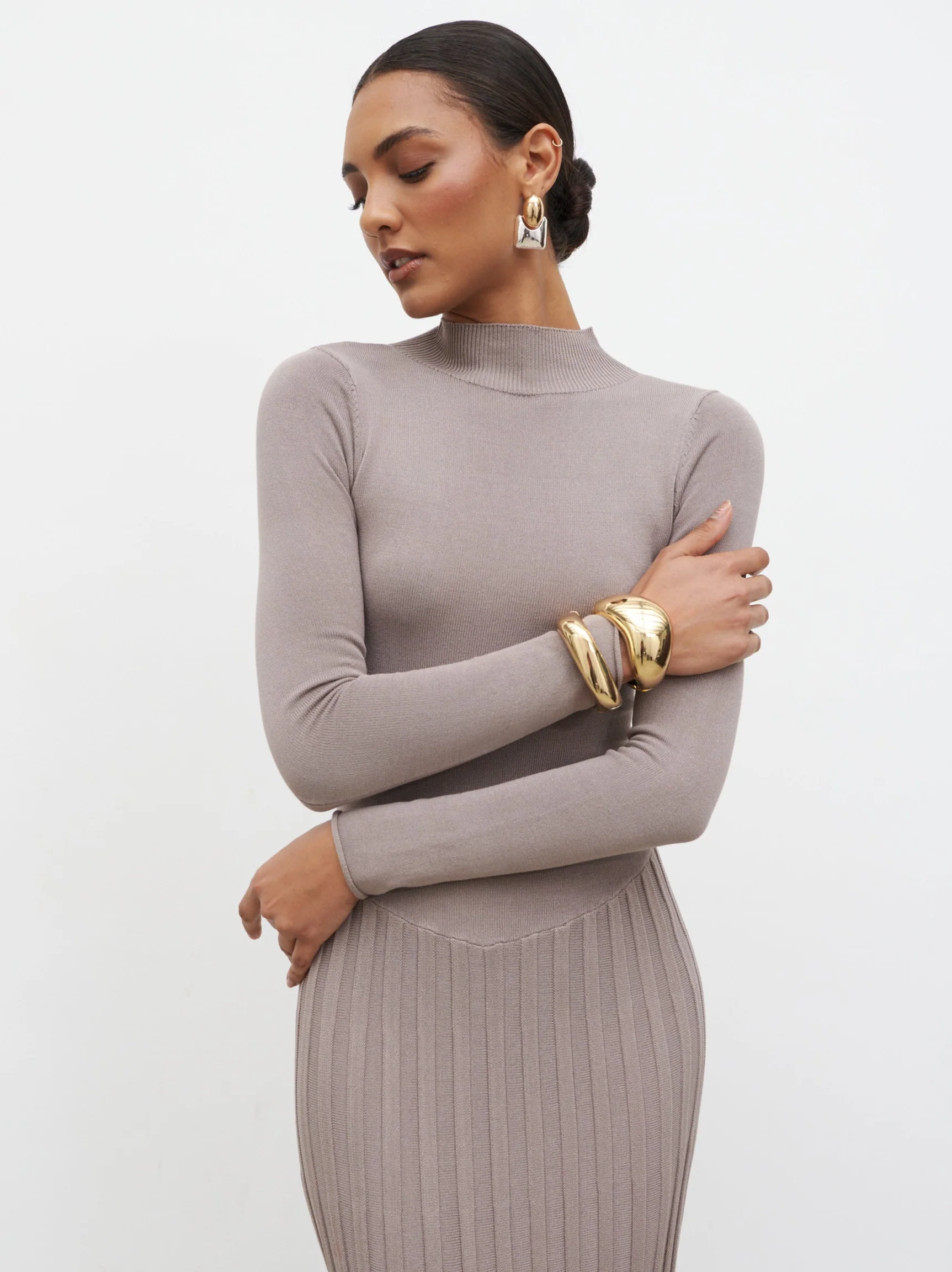 Gloria Fine Knit Pleated Maxi Dress - Dark Taupe - Image 4