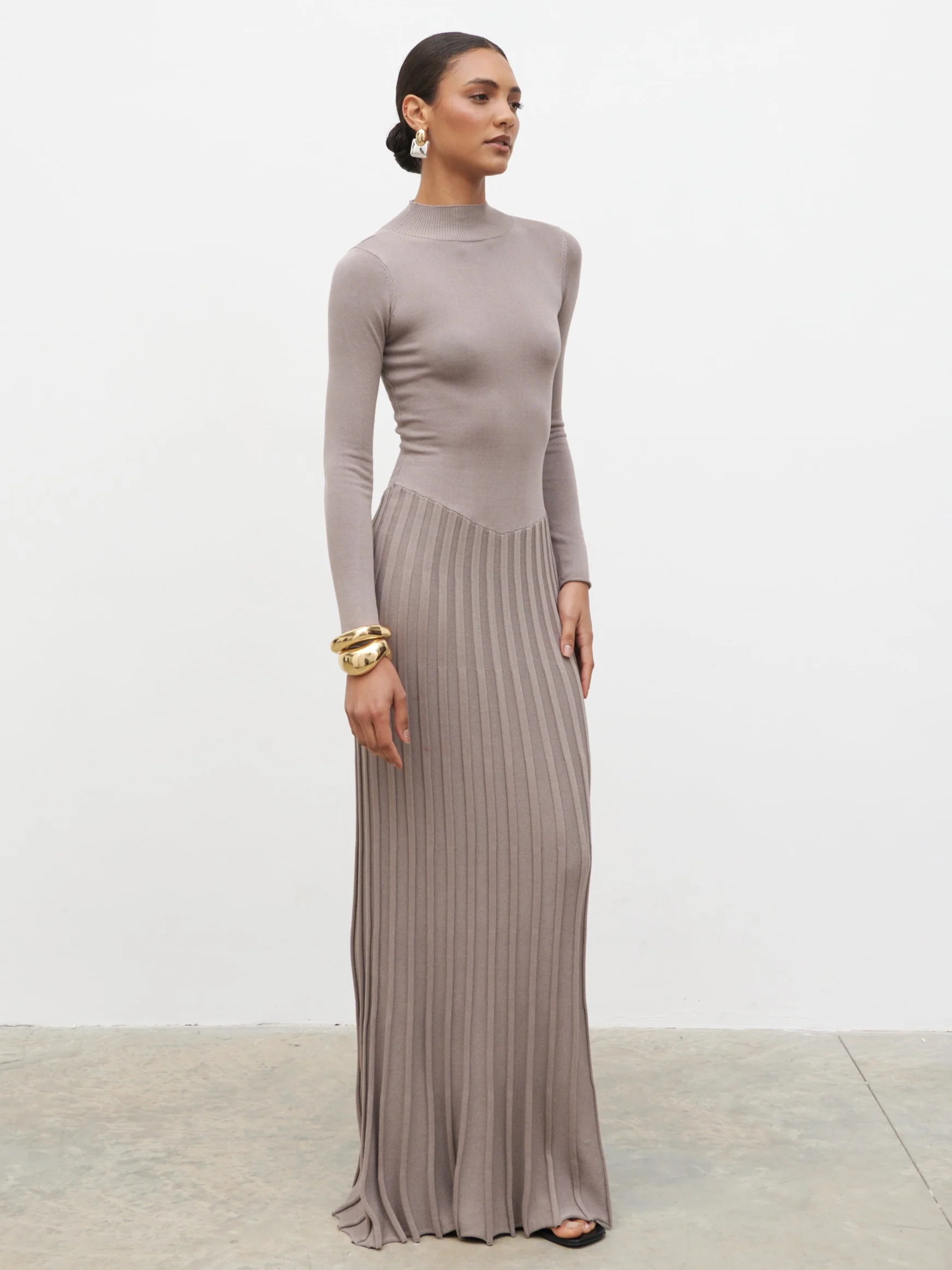 Gloria Fine Knit Pleated Maxi Dress - Dark Taupe - Image 5