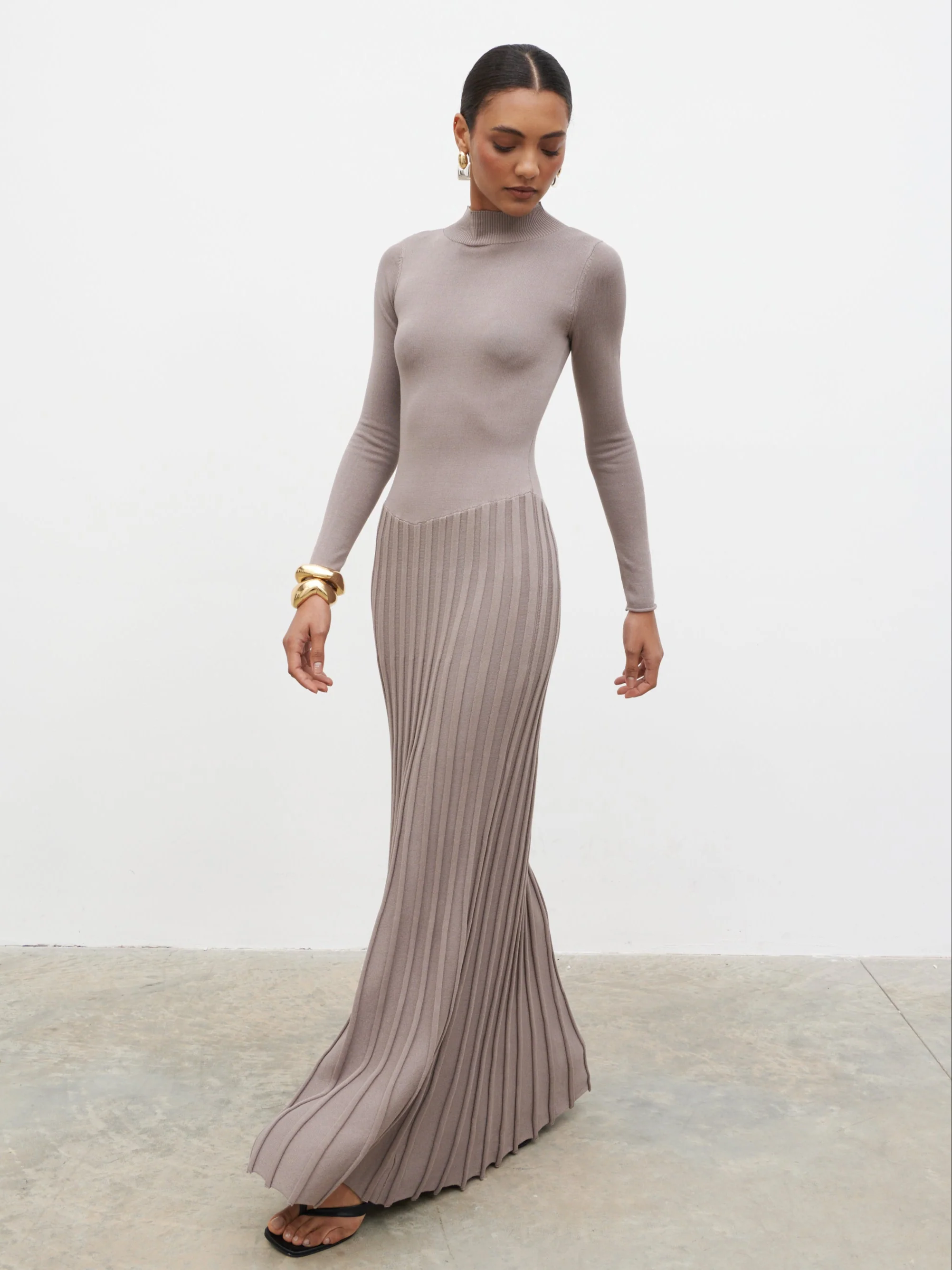 Gloria Fine Knit Pleated Maxi Dress - Dark Taupe - Image 6