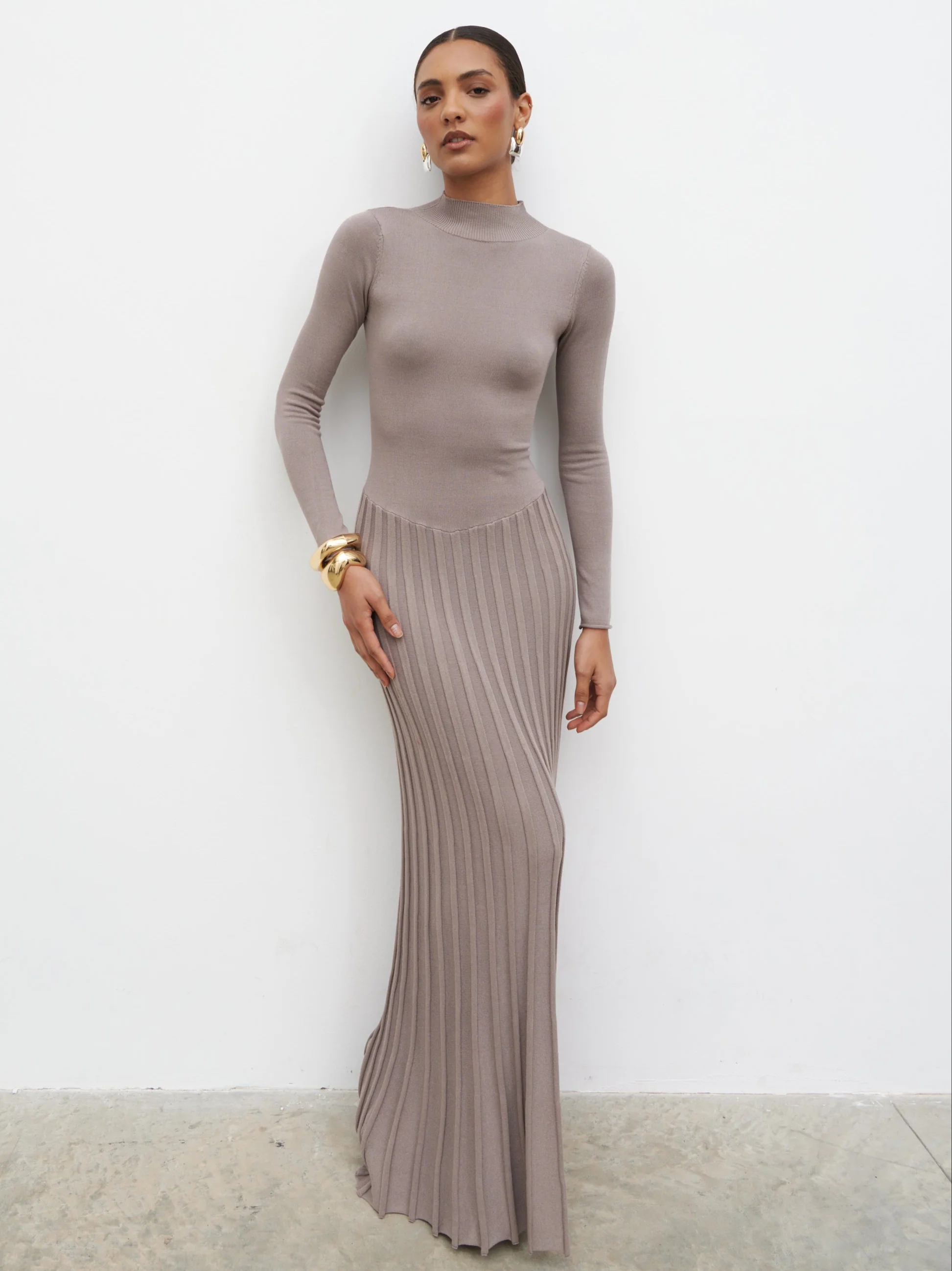 Gloria Fine Knit Pleated Maxi Dress - Dark Taupe - Image 8