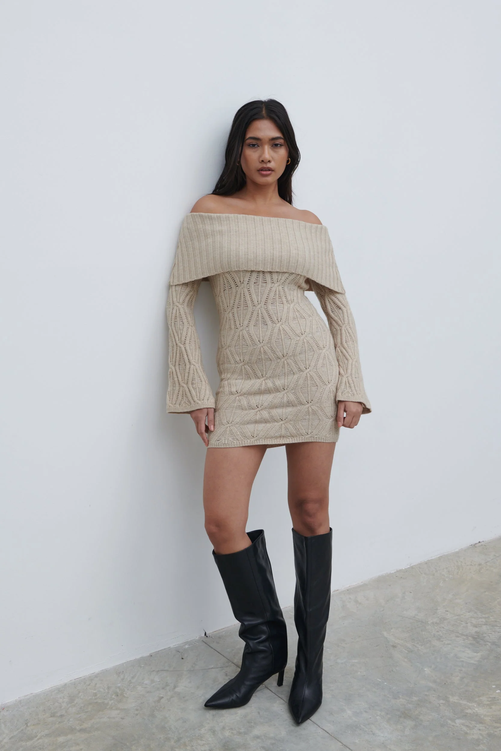 Grace Cable Knit Mini Dress - Taupe - Image 5