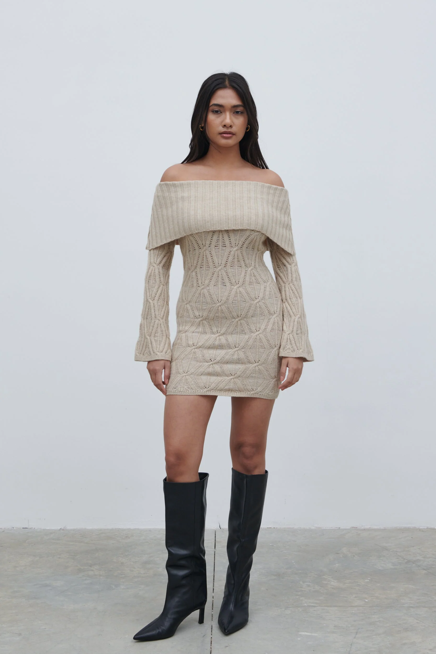 Grace Cable Knit Mini Dress - Taupe - Image 6