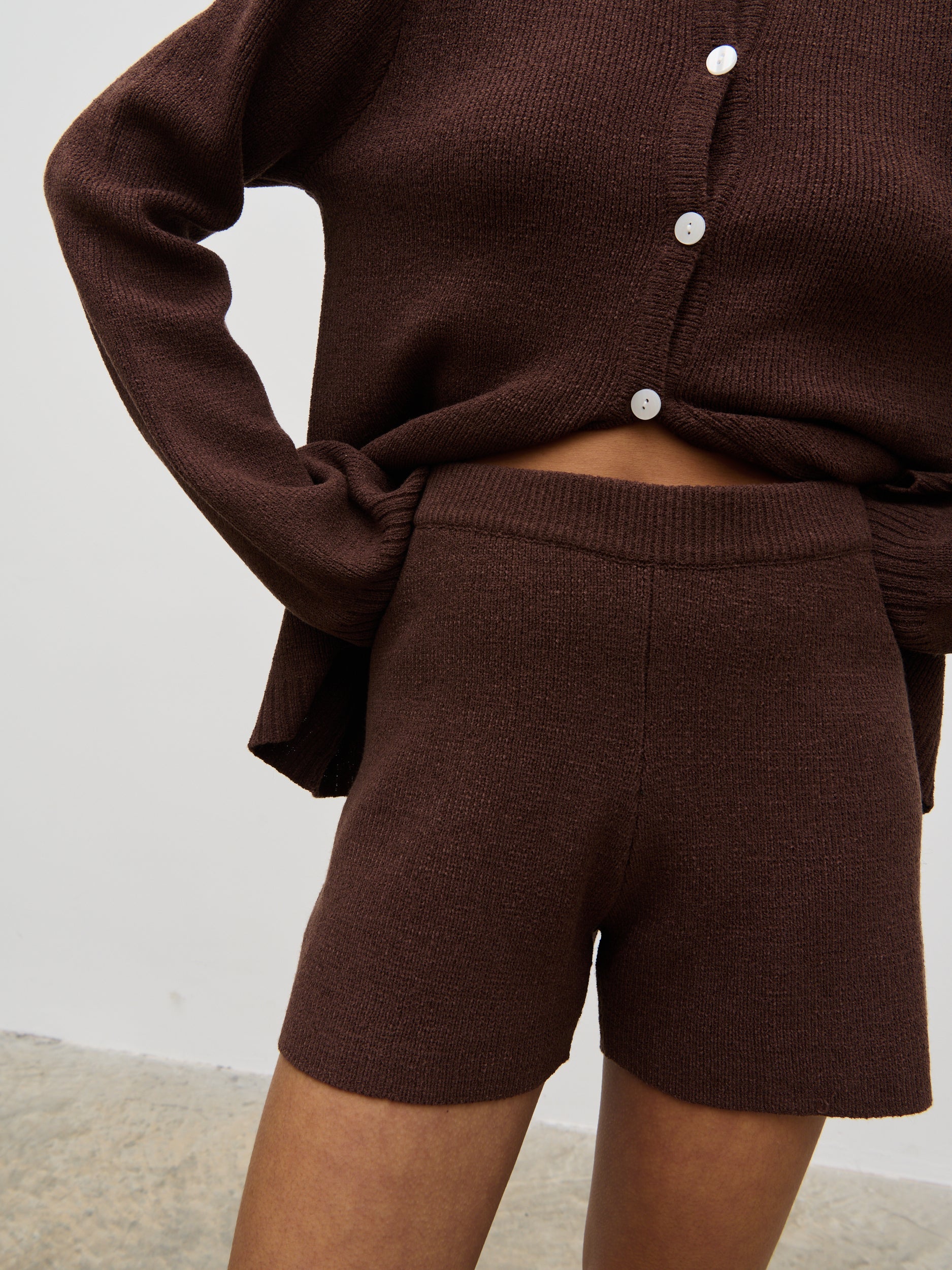 Gracie Fine Tape Knit Shorts - Brown - Image 2
