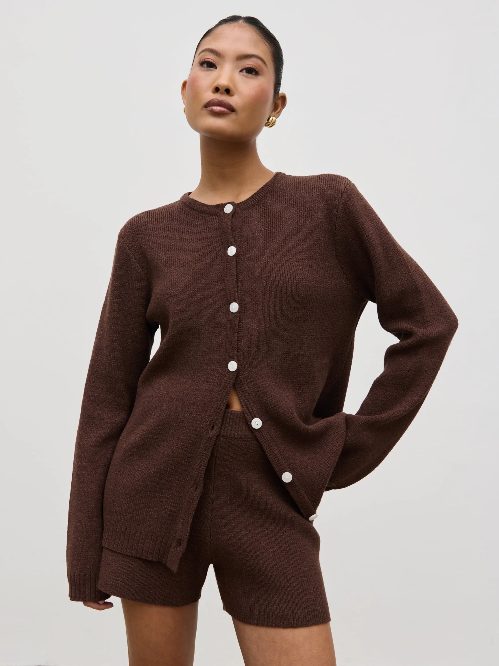 Gracie Fine Tape Knit Shorts - Brown - Image 3