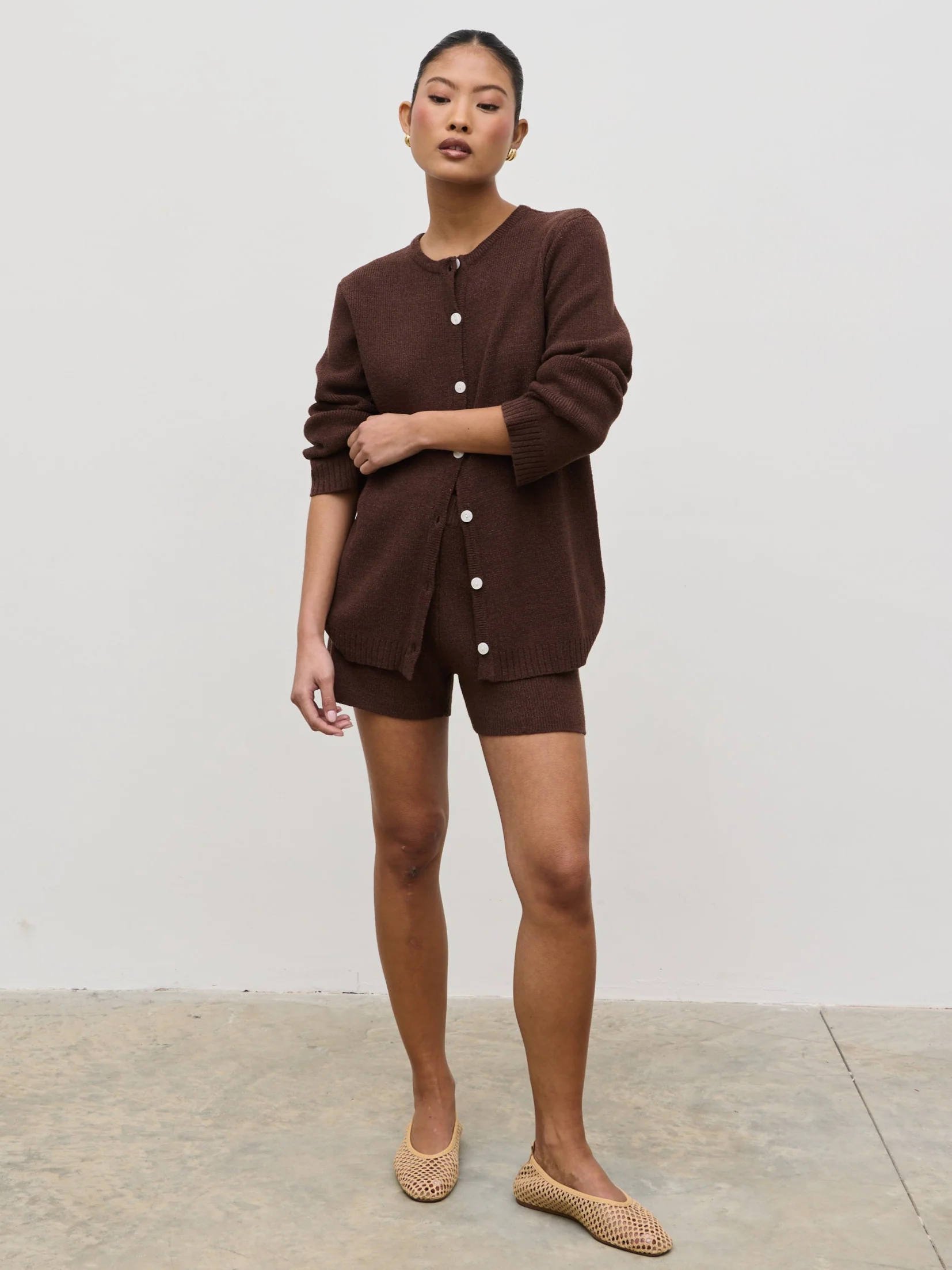 Gracie Fine Tape Knit Shorts - Brown - Image 5