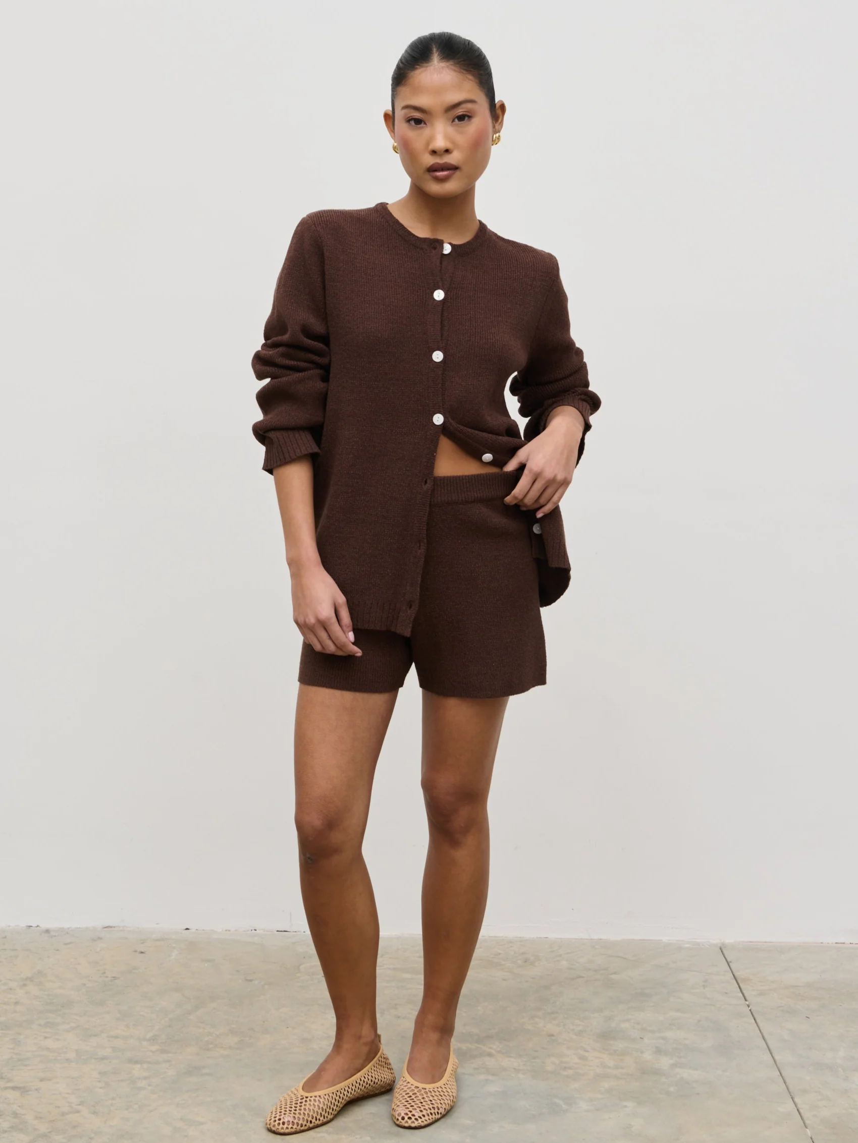 Gracie Fine Tape Knit Shorts - Brown - Image 6