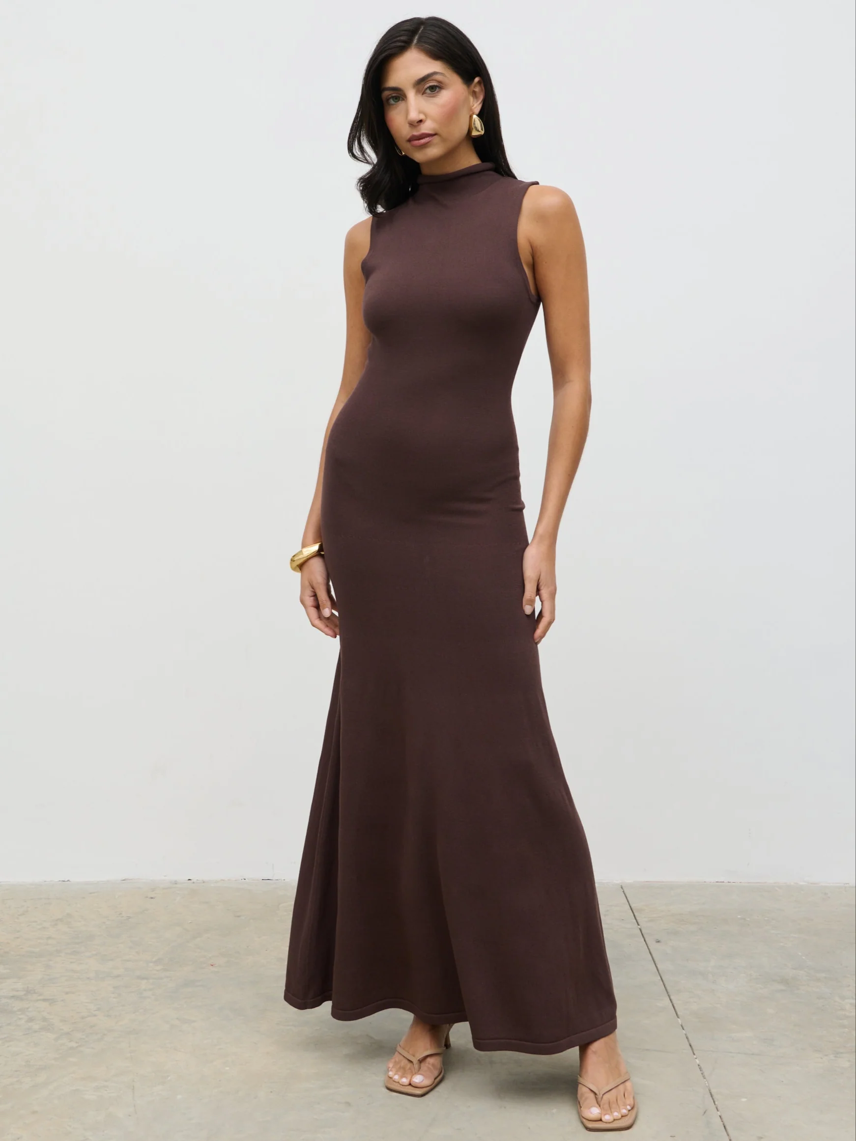 Hannah High Neck Knit Maxi Dress - Brown - Image 5