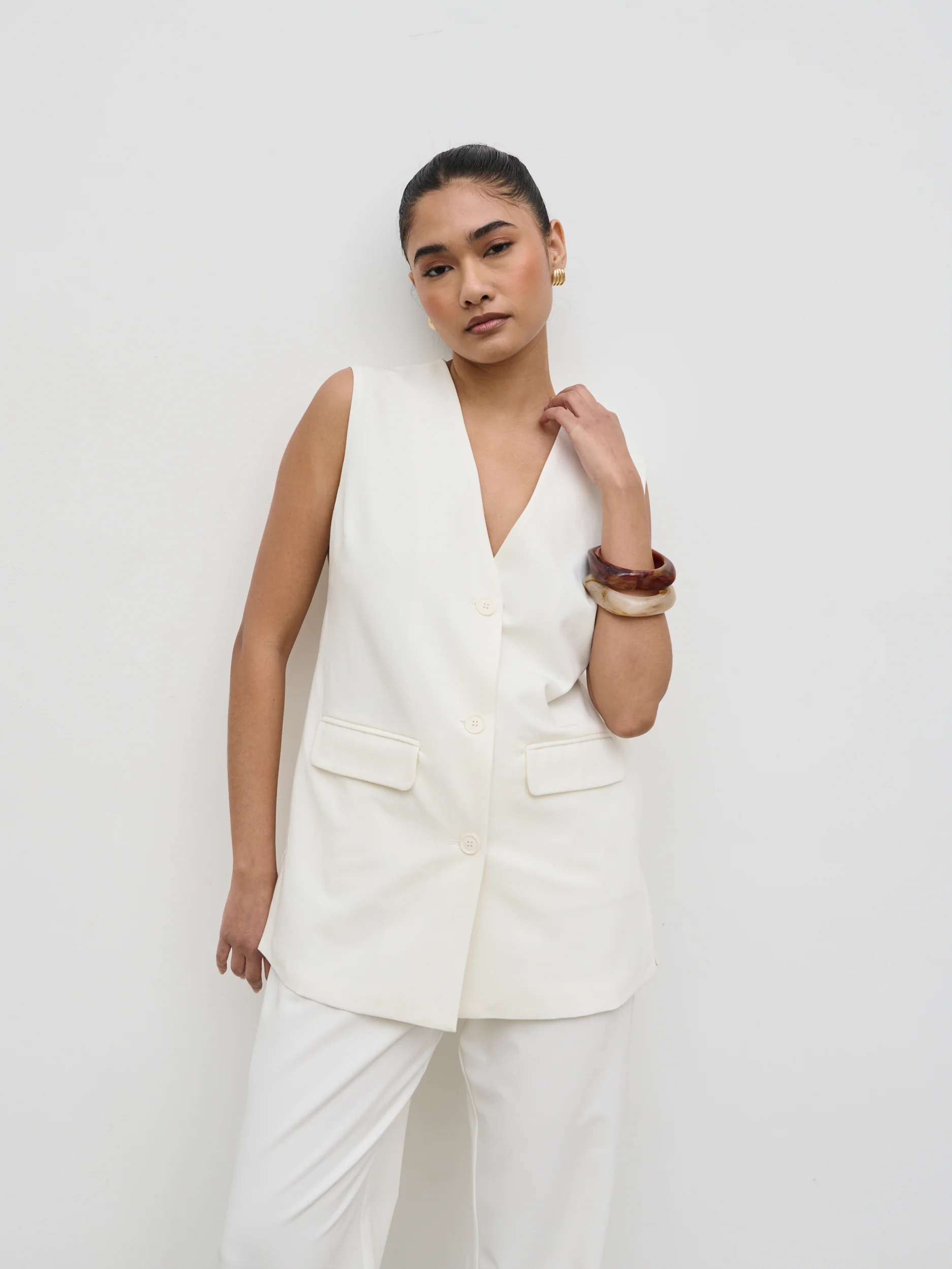 Harlee Sleeveless Waistcoat - Cream - Image 3