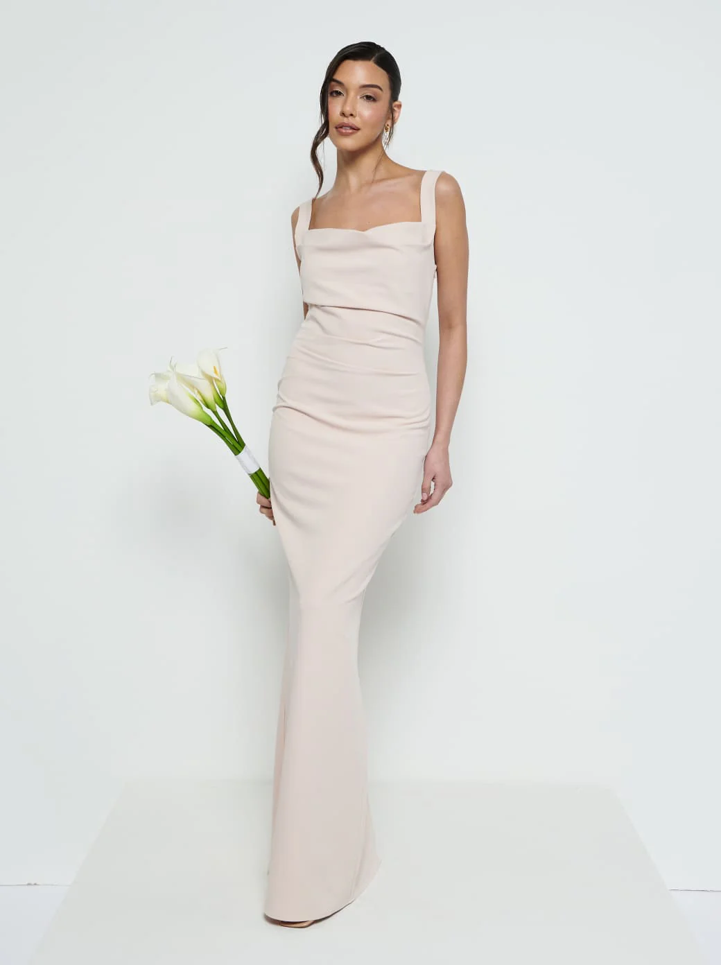 Harriet Cowl Neck Crepe Maxi Bridesmaid Dress - Blush - Image 4