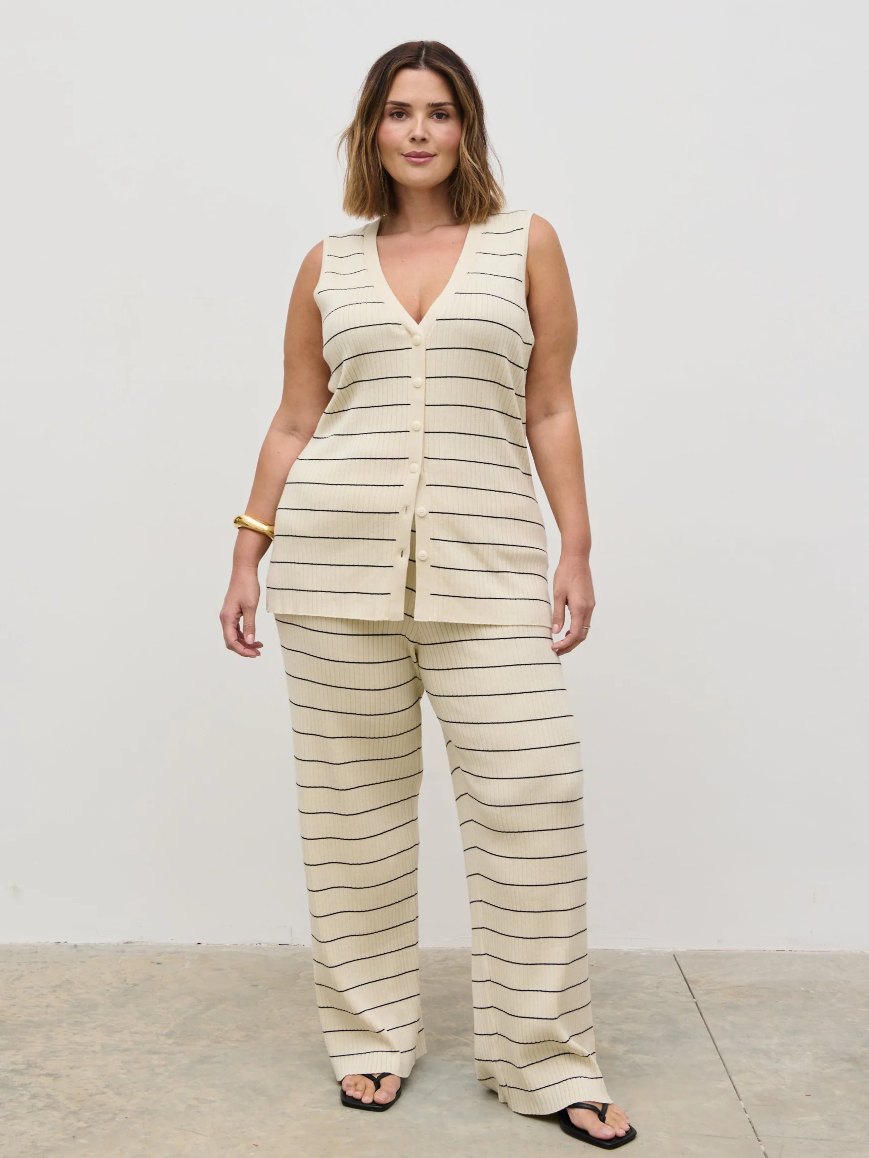 Hattie Stripe Knit Trousers Curve - Cream and Black - Image 4