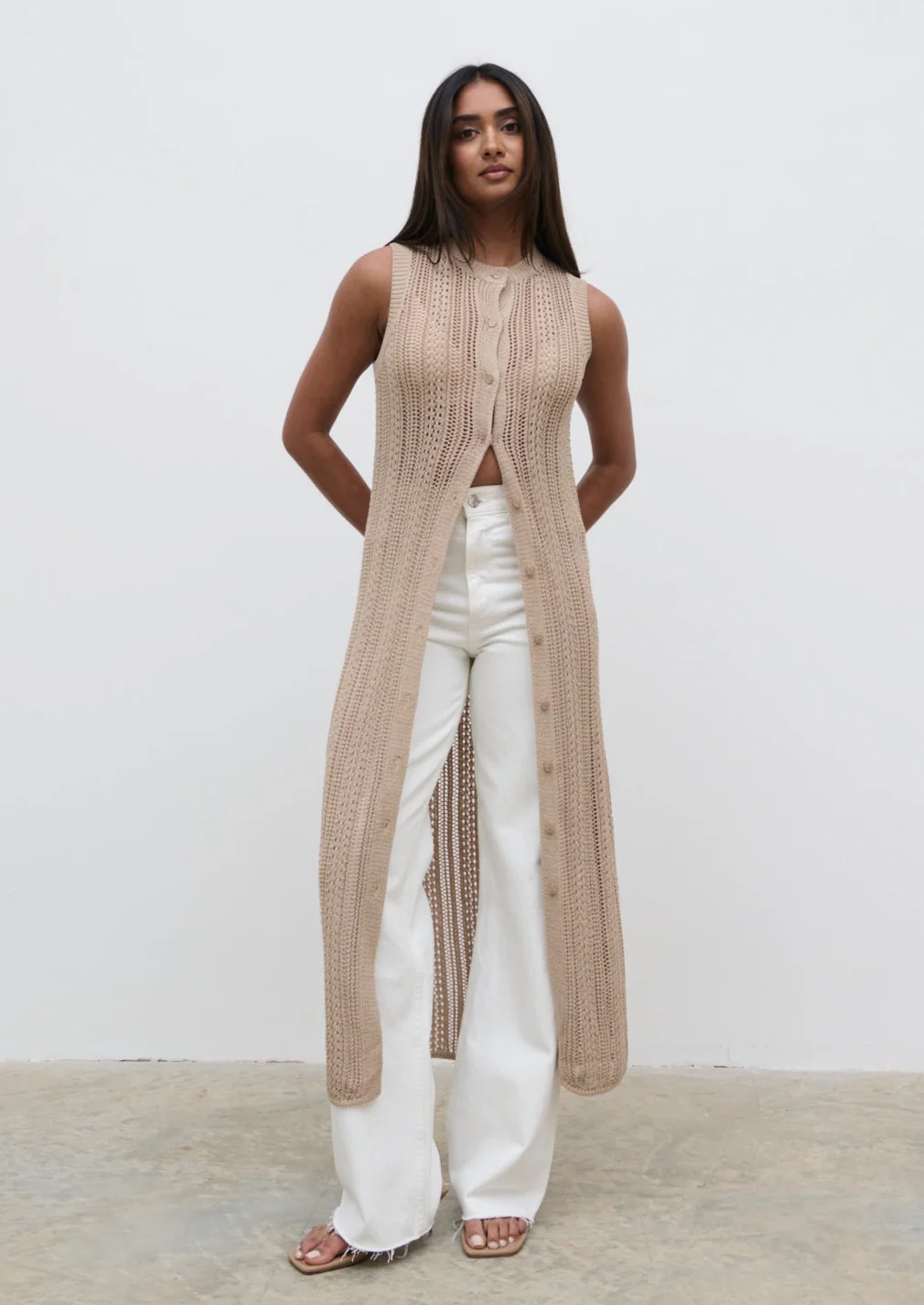 Helen Longline Open Knit Cardigan - beige - Image 3
