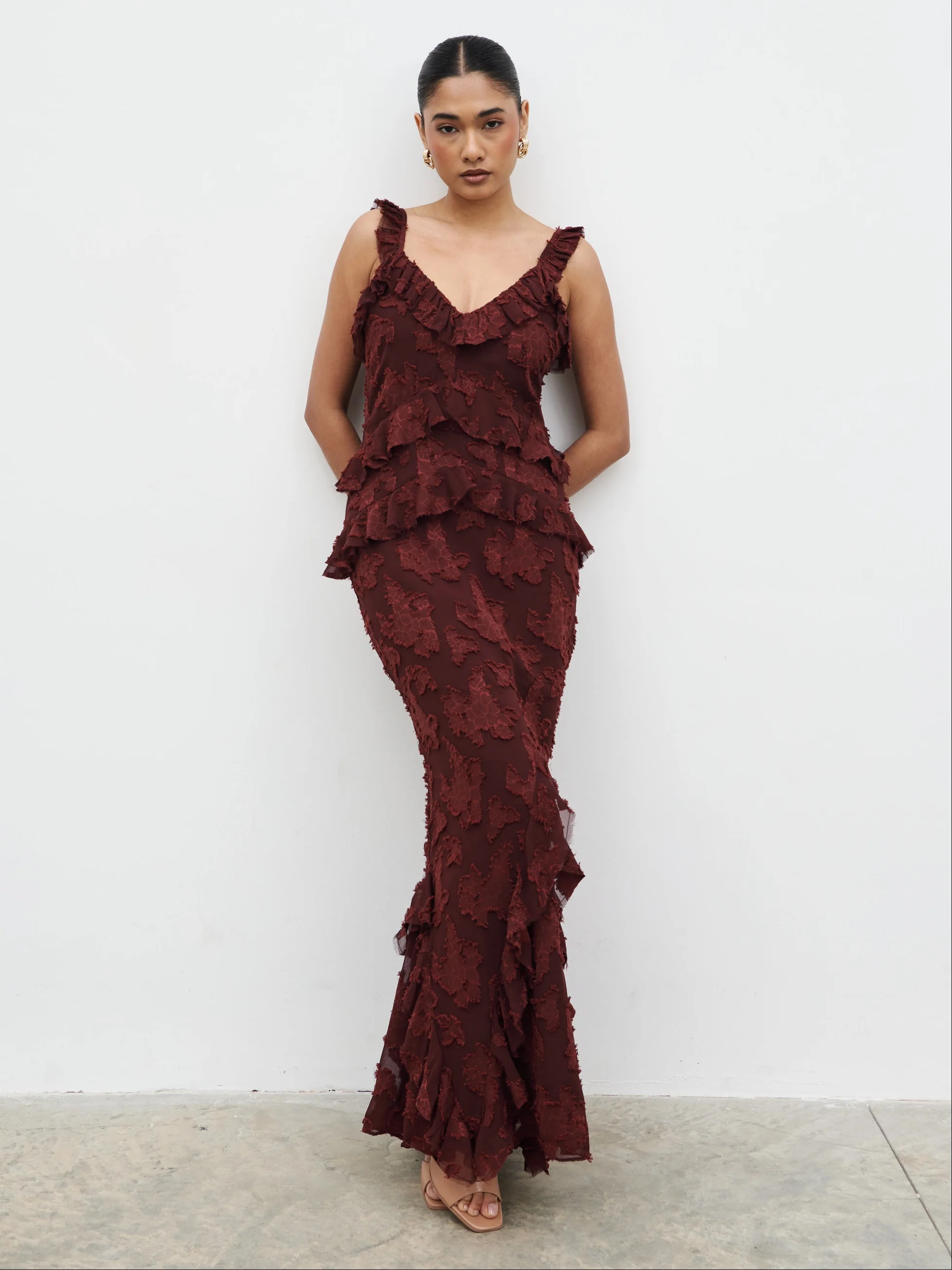 Helena Ruffle Jacquard Maxi Dress - Mahogony - Image 2