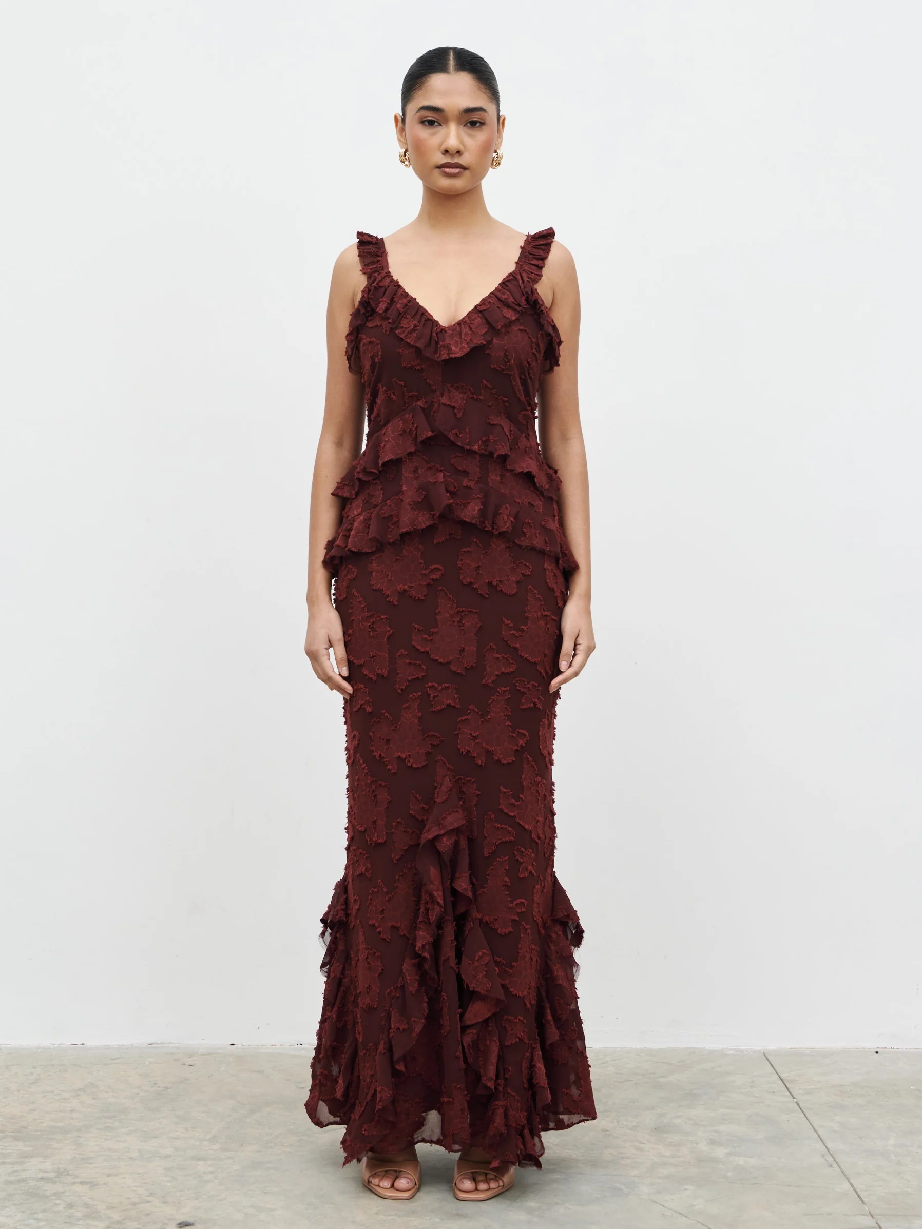 Helena Ruffle Jacquard Maxi Dress - Mahogony - Image 3