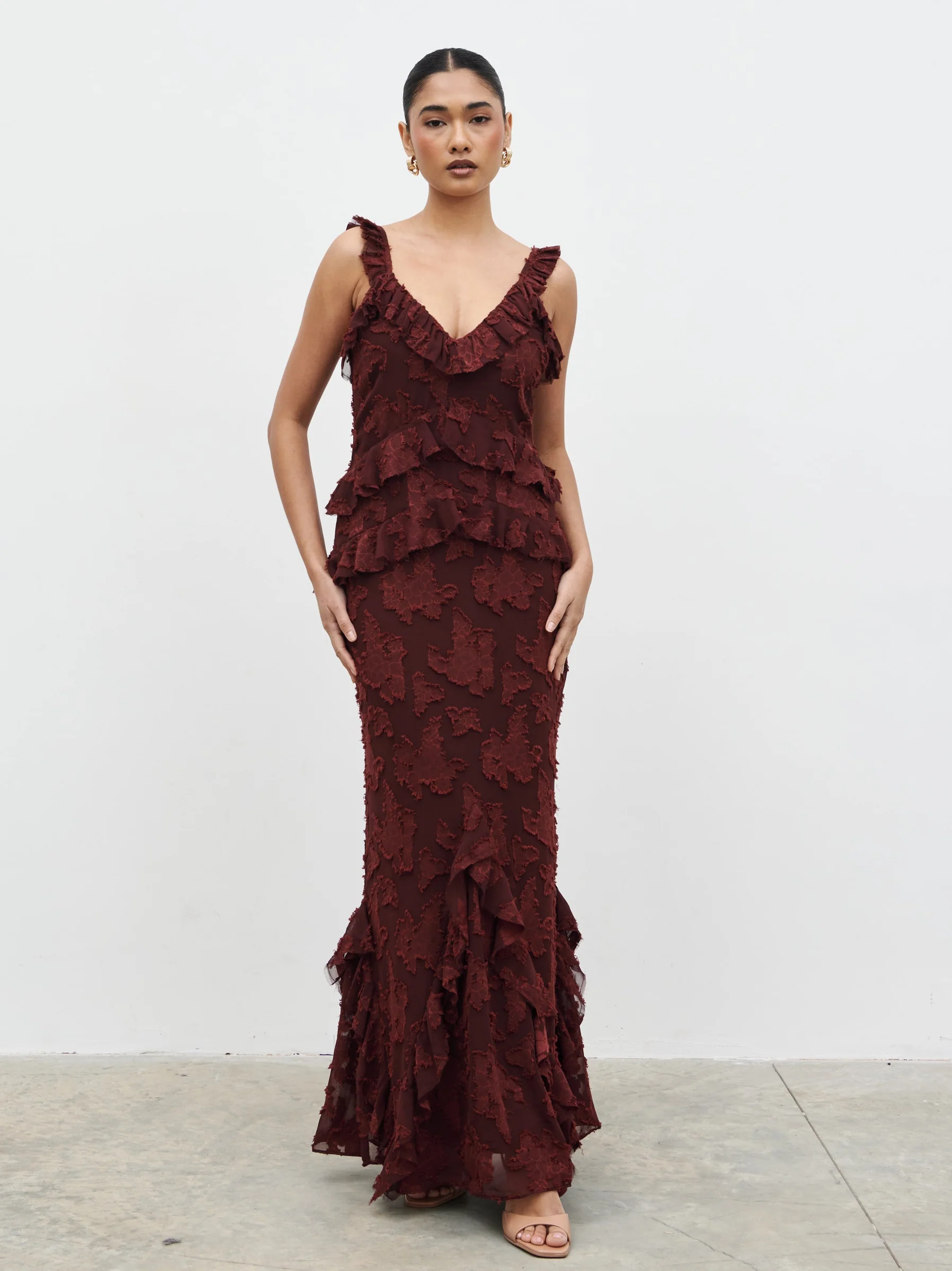 Helena Ruffle Jacquard Maxi Dress - Mahogony - Image 4