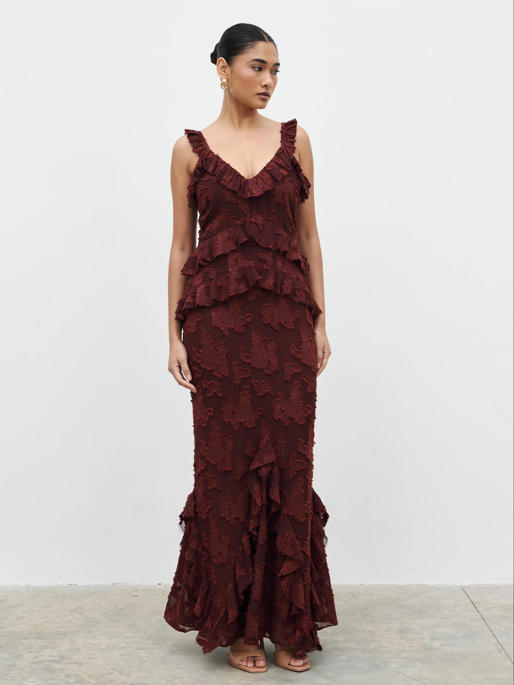 Helena Ruffle Jacquard Maxi Dress - Mahogony - Image 6