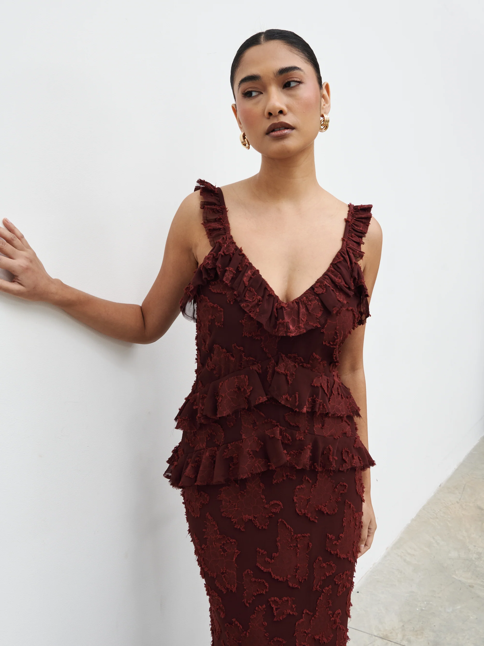 Helena Ruffle Jacquard Maxi Dress - Mahogony - Image 7