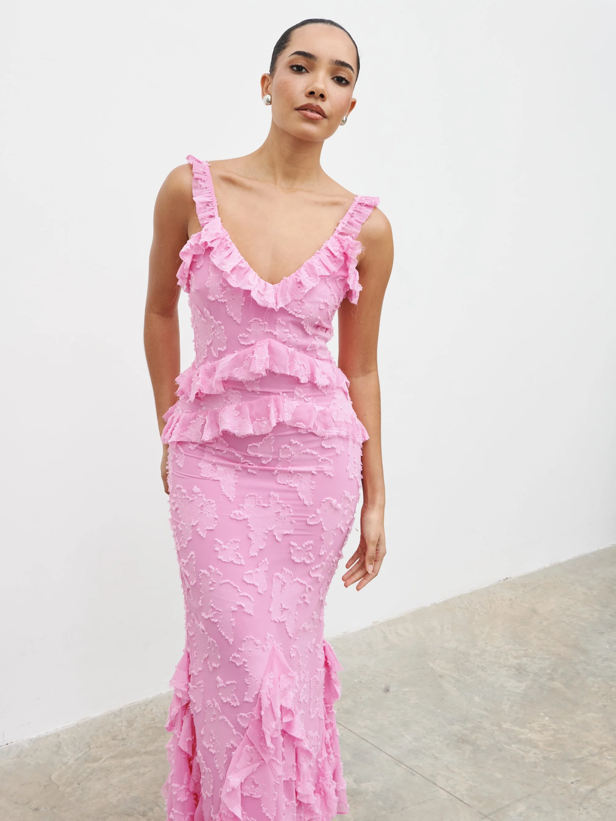 Helena Ruffle Jacquard Maxi Dress - Peony Pink - Image 3