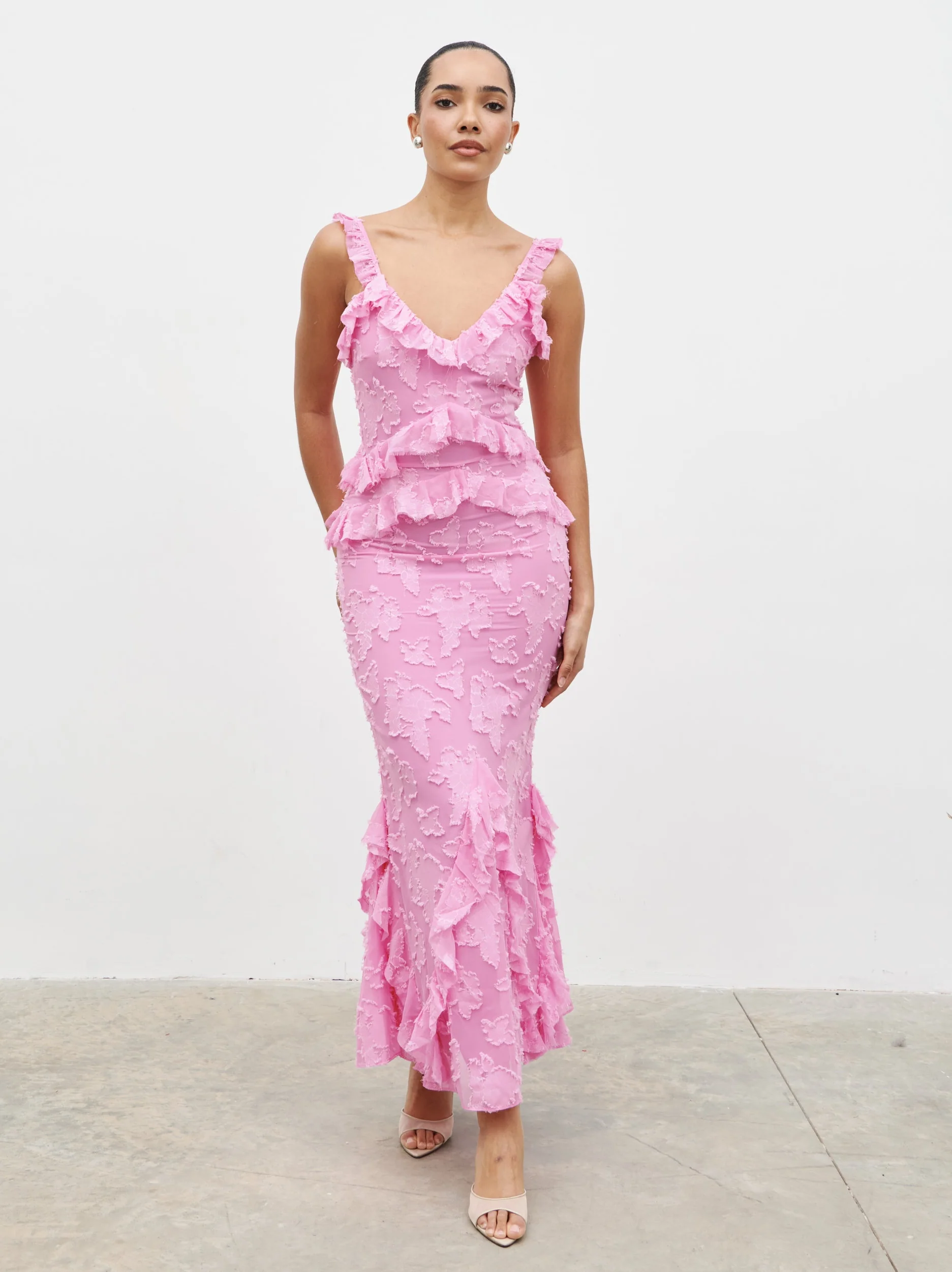 Helena Ruffle Jacquard Maxi Dress - Peony Pink - Image 5